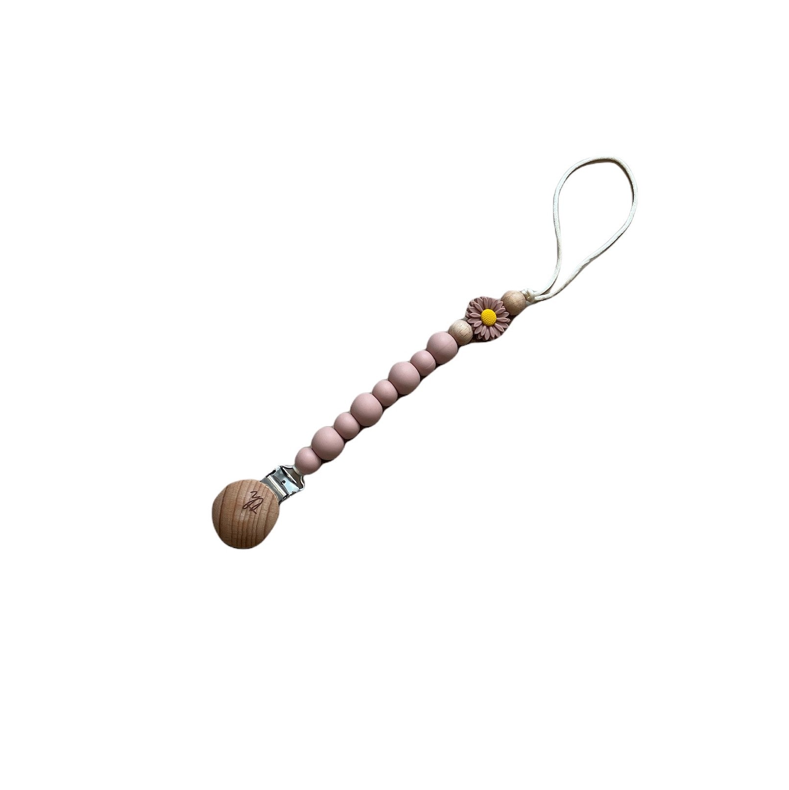 Phone charm with pink beads and wooden accents on a white background