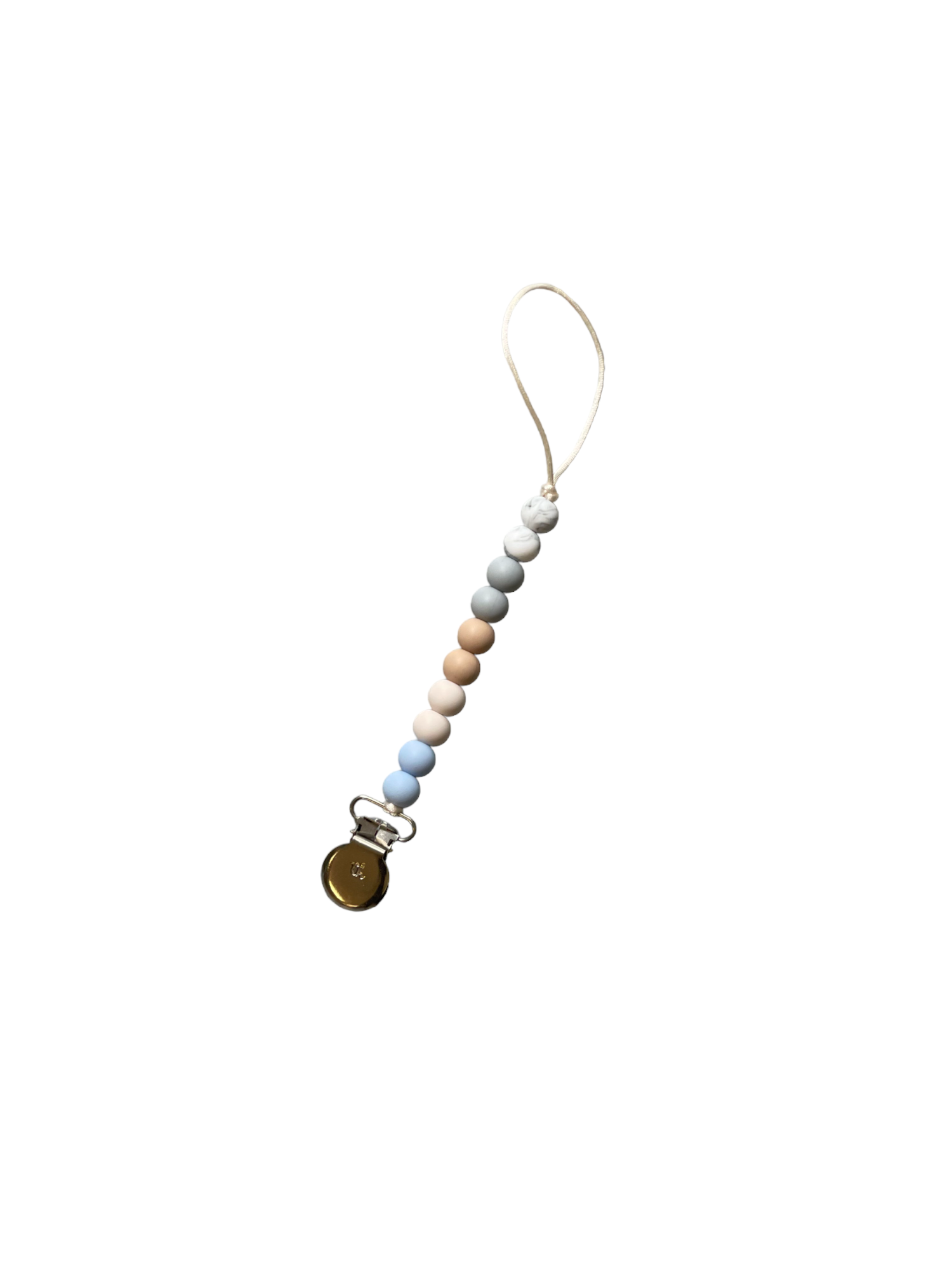 Beaded pacifier clip with a gold charm on a white background