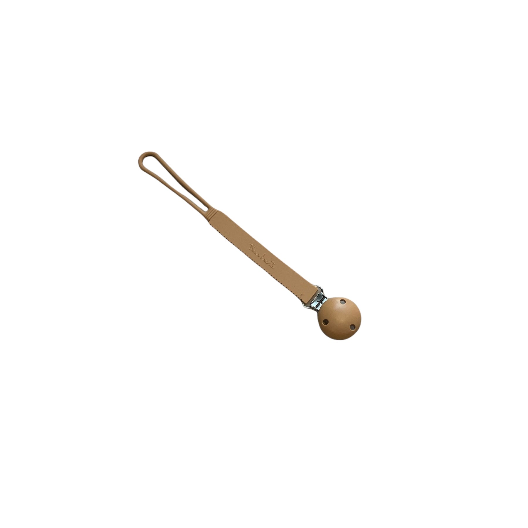 Wooden baby rattle with a strap on a white background