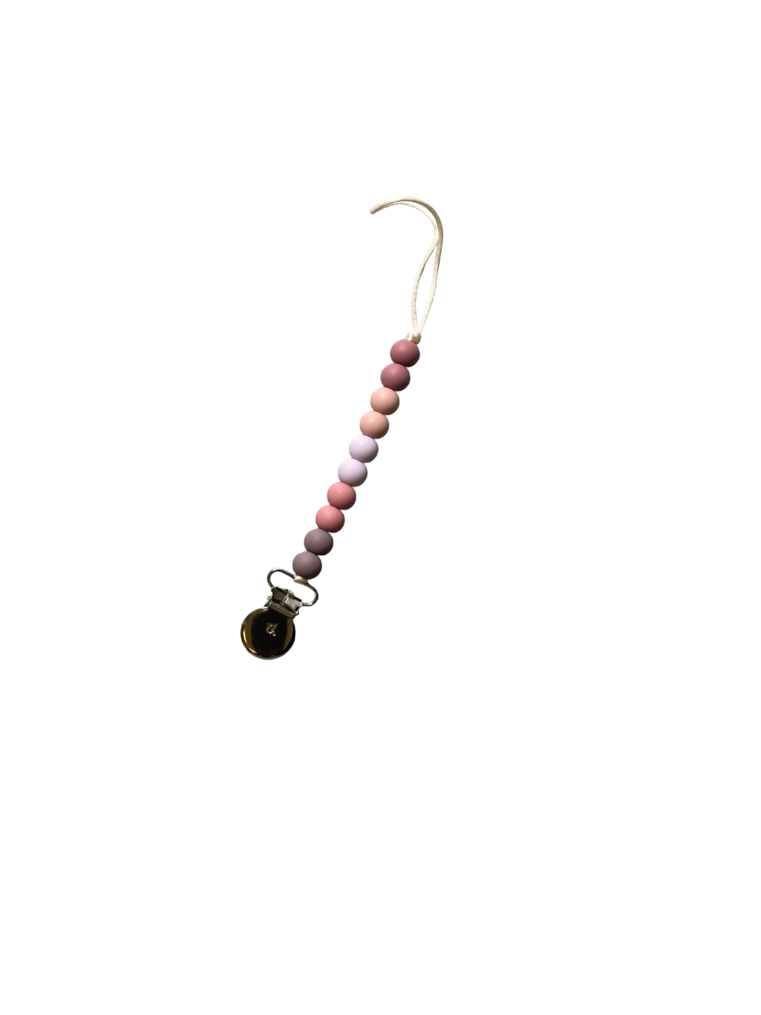 Colorful pacifier clip with gradient beads on a white background
