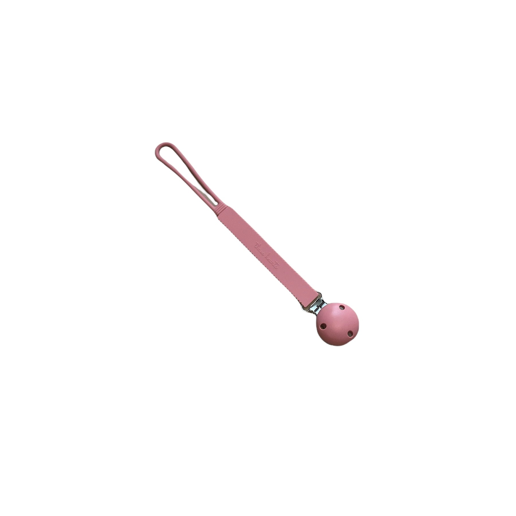 Pink pacifier clip on a white background