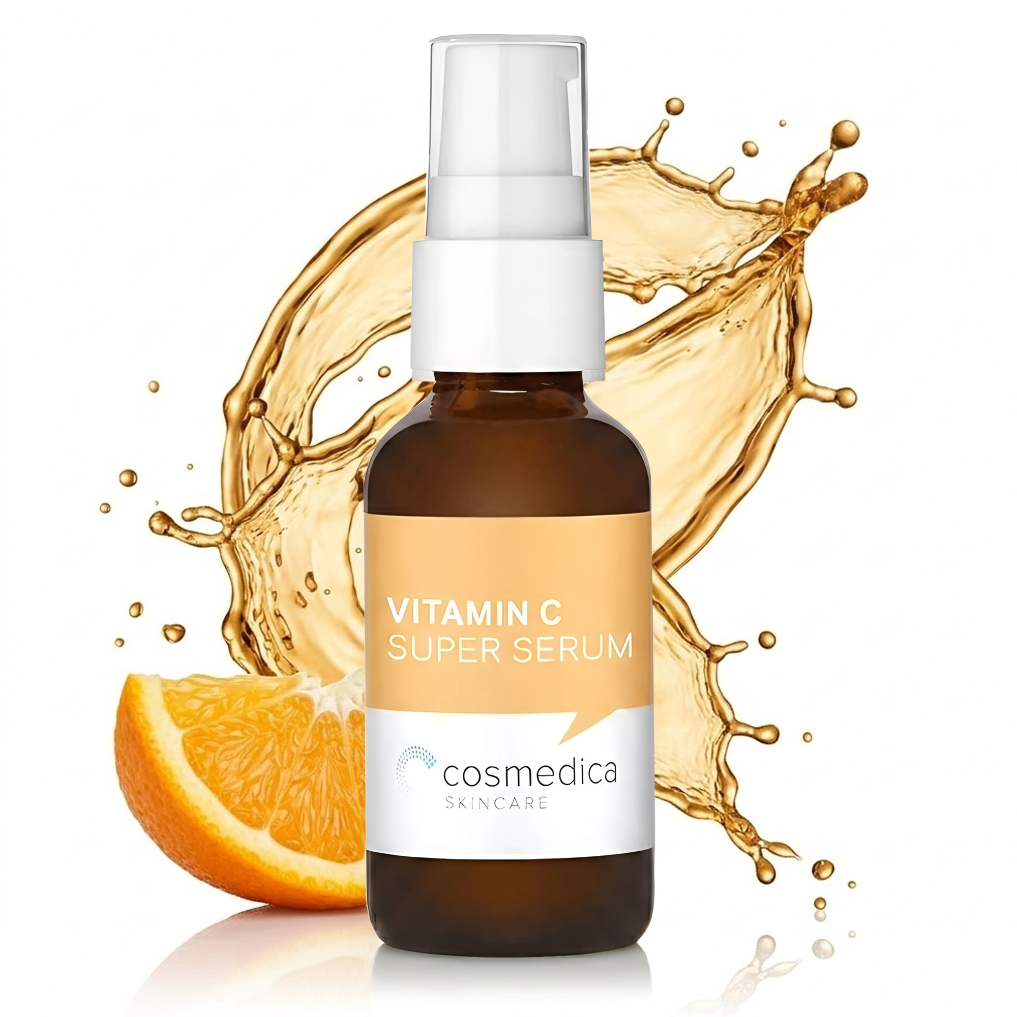 Vitamin C super serum bottle with an orange and splash effect on a white background