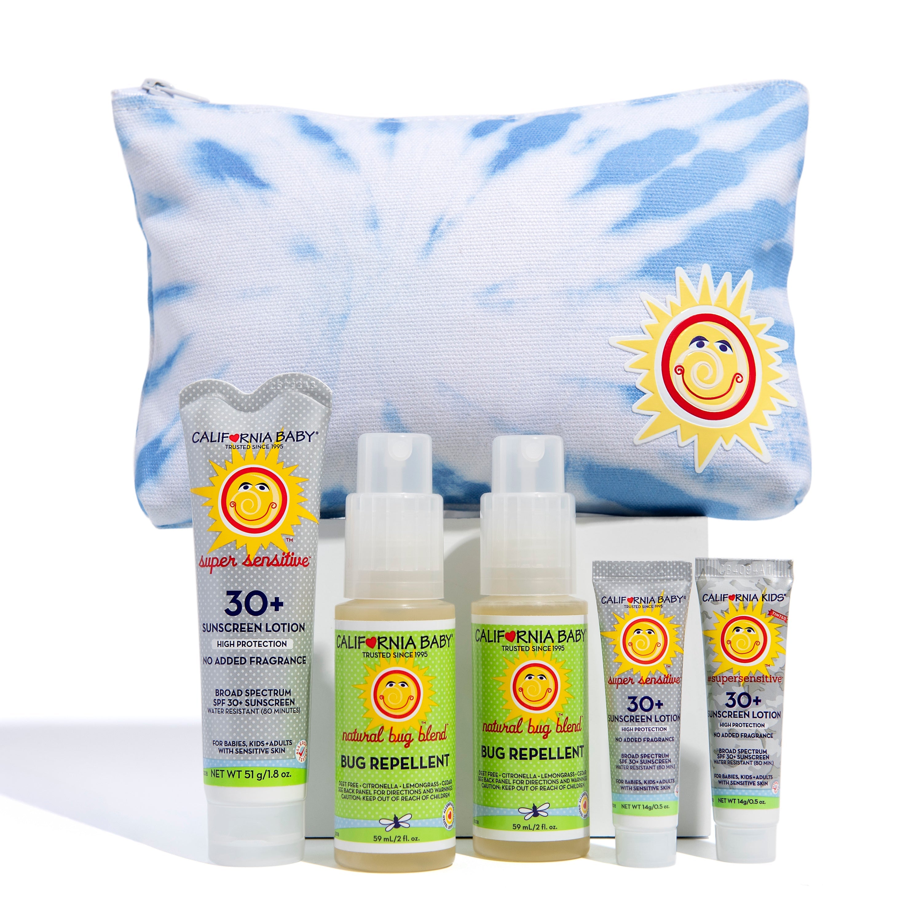 California Baby product set including sunscreen, bug repellent, and pouch on a white background