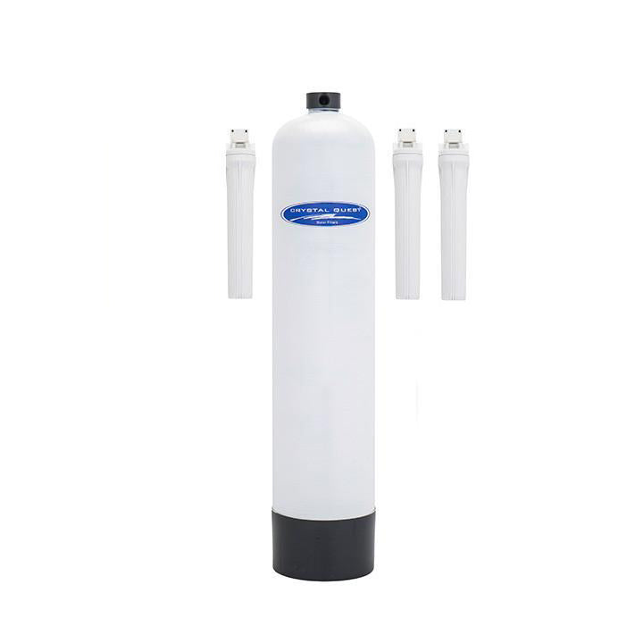 White cylindrical water filter with black base and top, featuring a brand logo on a white background.