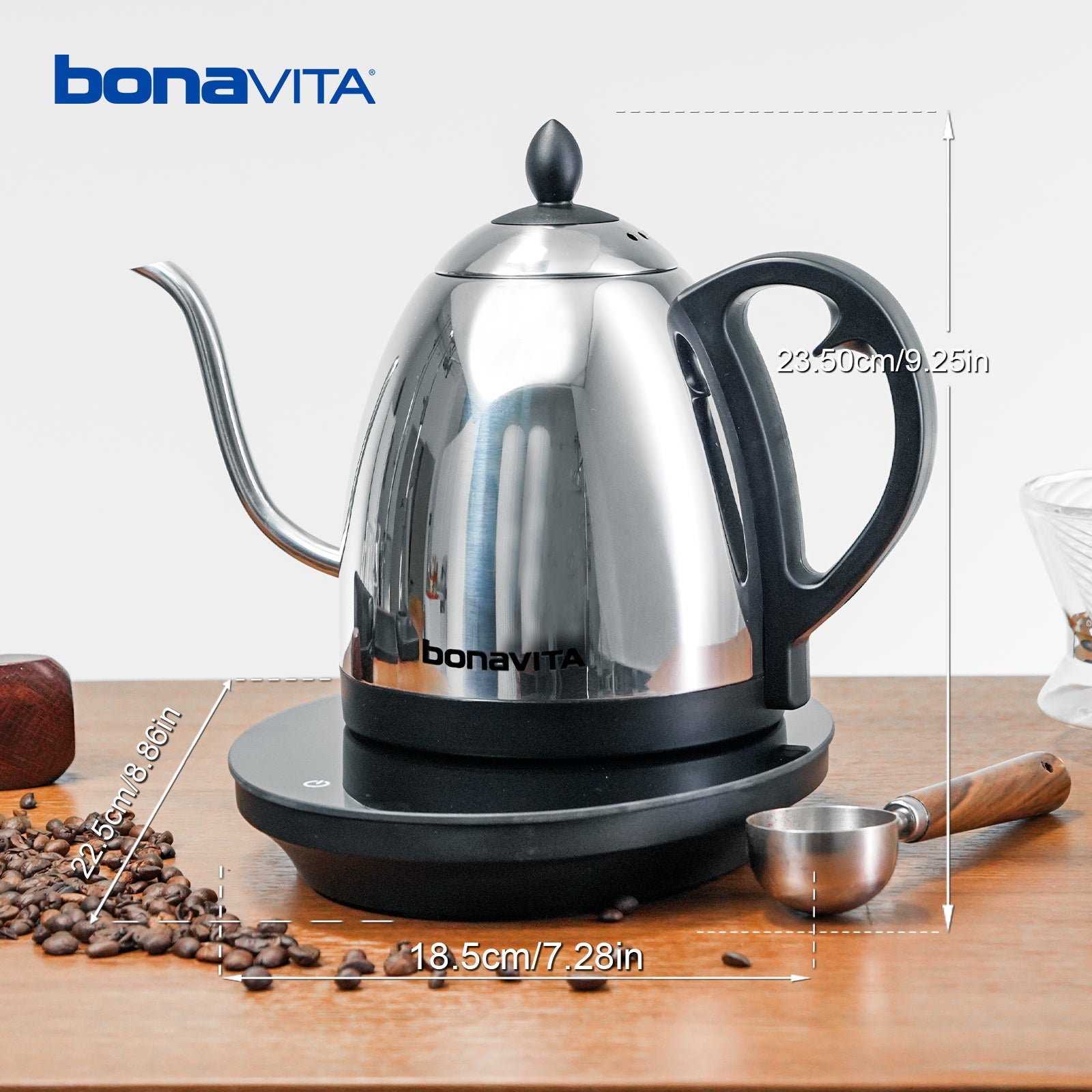 Bonavita electric kettle on a wooden surface with coffee beans and a measuring cup.