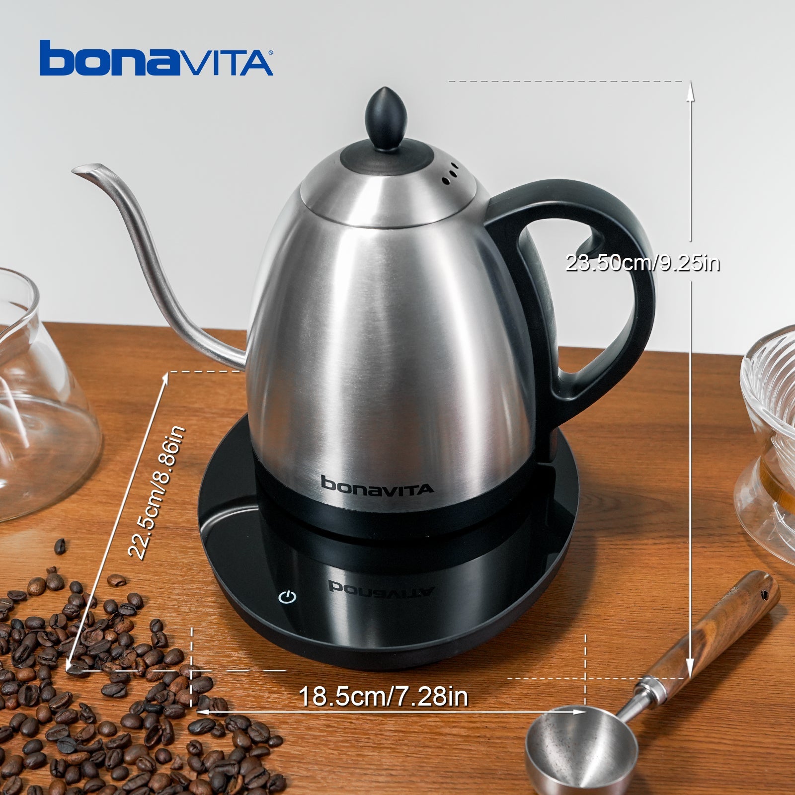 Bonavita electric kettle on a wooden surface with coffee beans and a scoop, showing measurements.