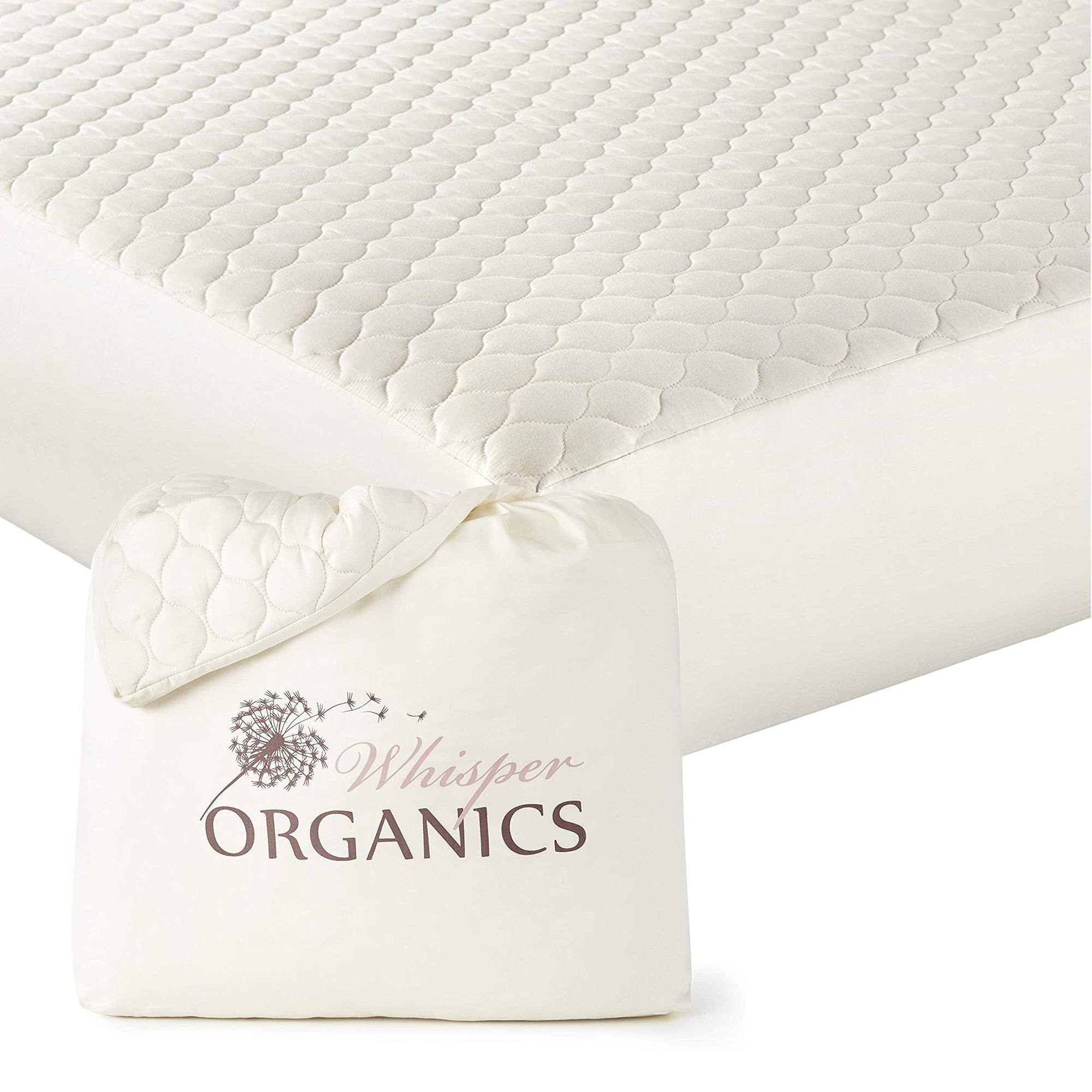 Mattress topper with Whisper Organics logo on a white background