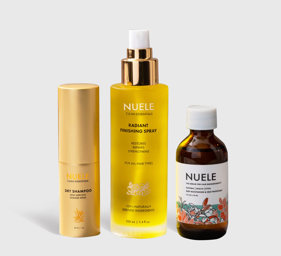 Nuele Dry Shampoo, Radiant Finishing Spray, Hair Serum
