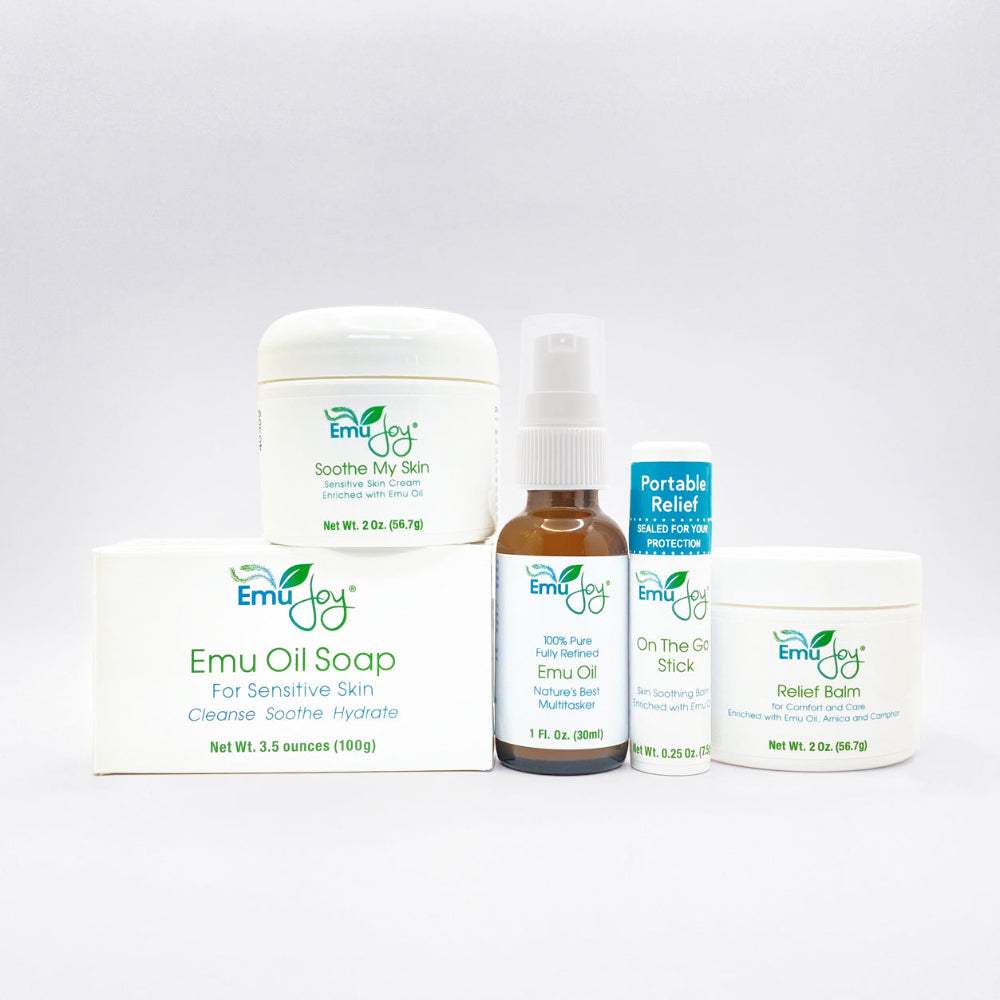 Collection of Emu Oil skincare products on a white background