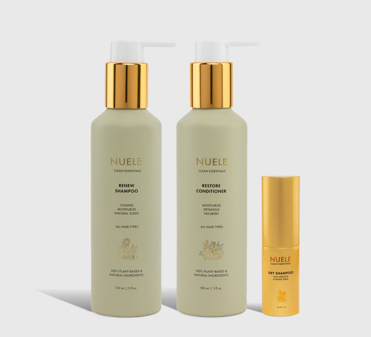 Nuele Renew Shampoo, Restore Conditioner, Dry Shampoo