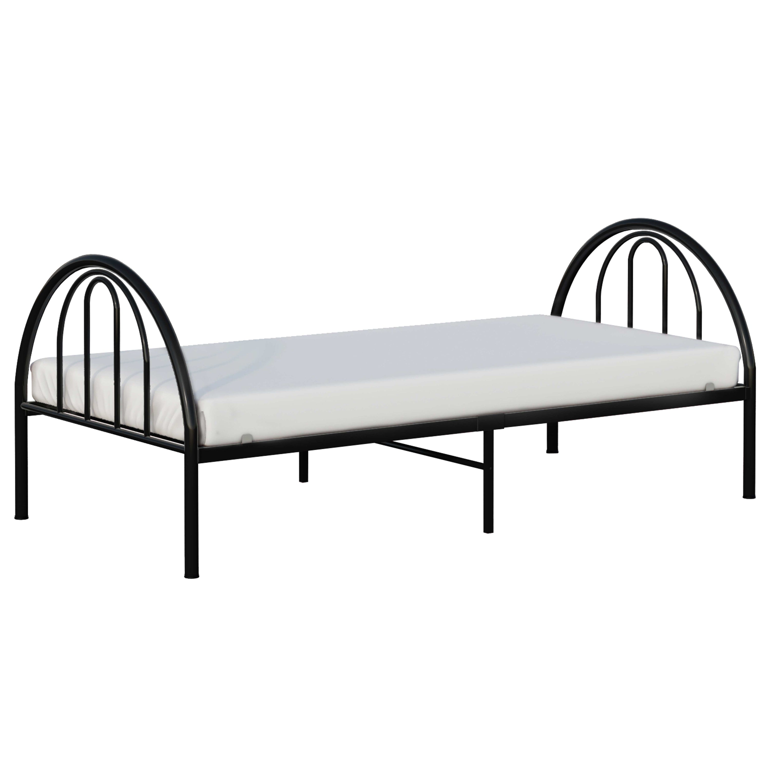 Black metal bed frame with white mattress on a white background