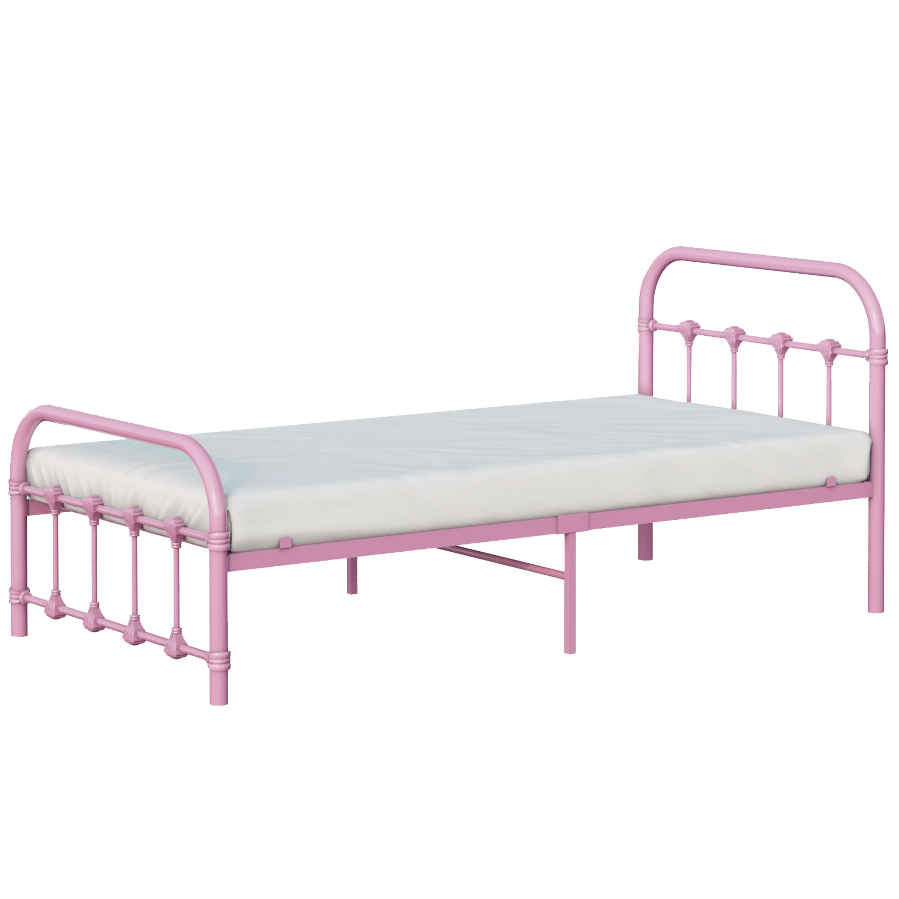 Pink metal bed frame with white mattress on a white background