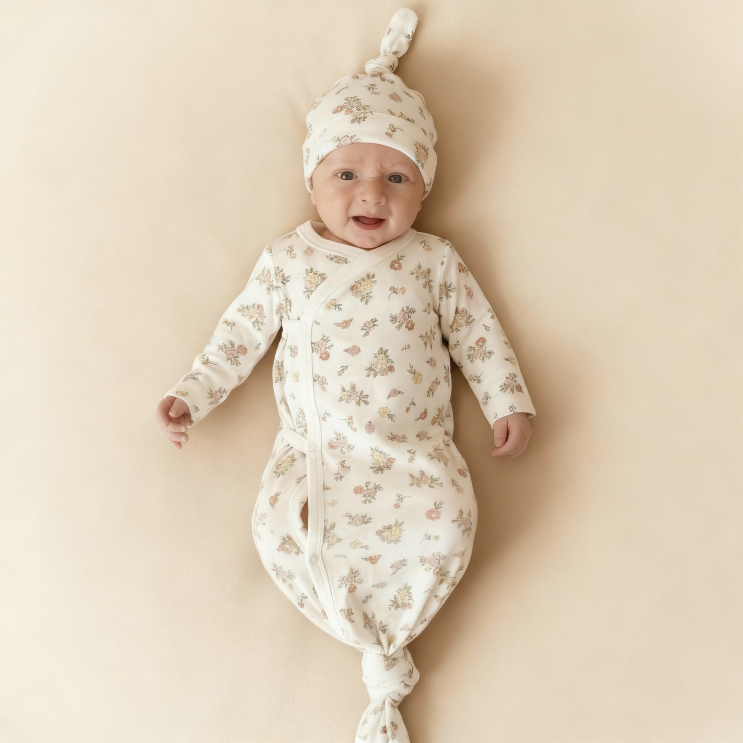 Baby wrapped in a floral swaddle with a matching hat on a beige background
