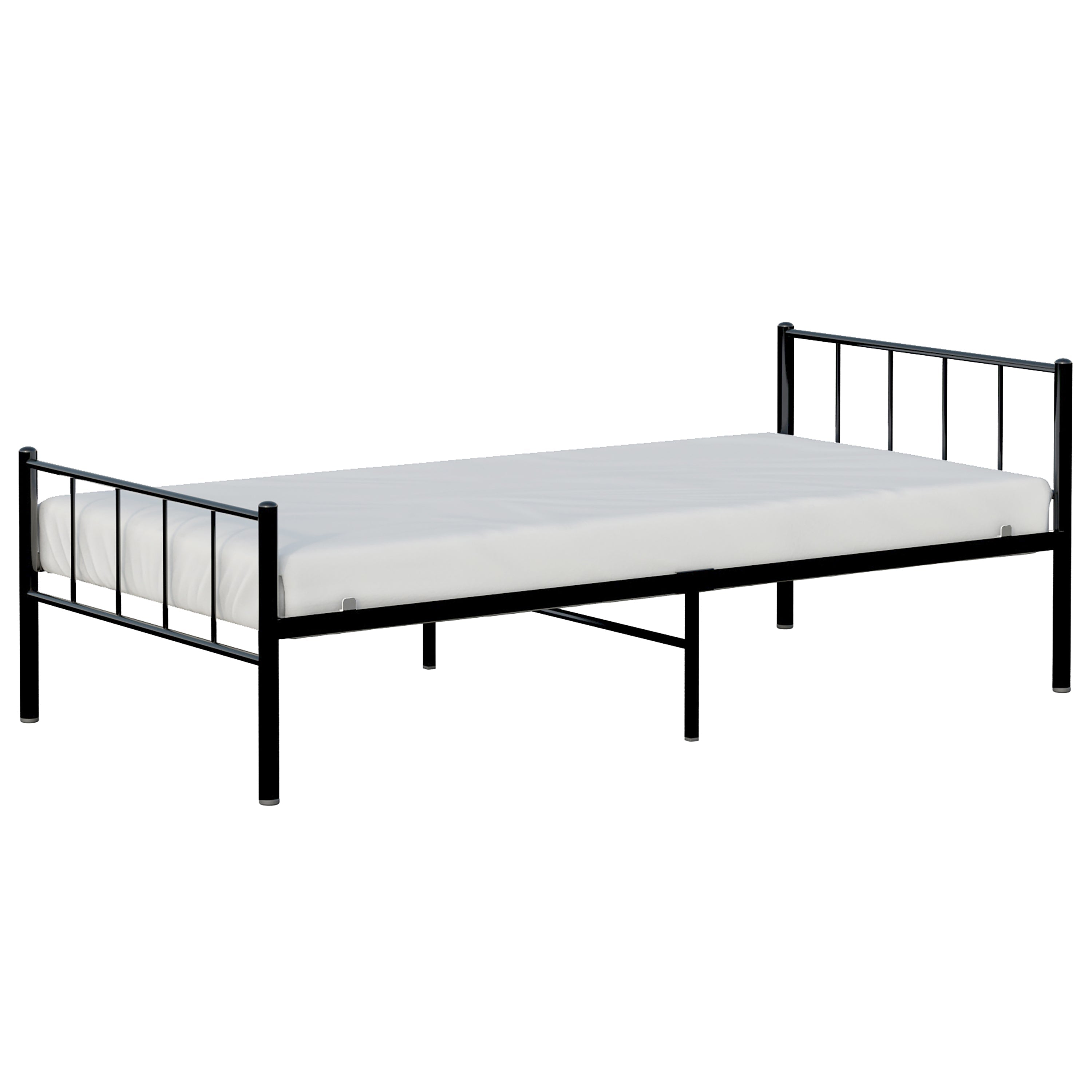 Black metal bed frame with white mattress on a white background
