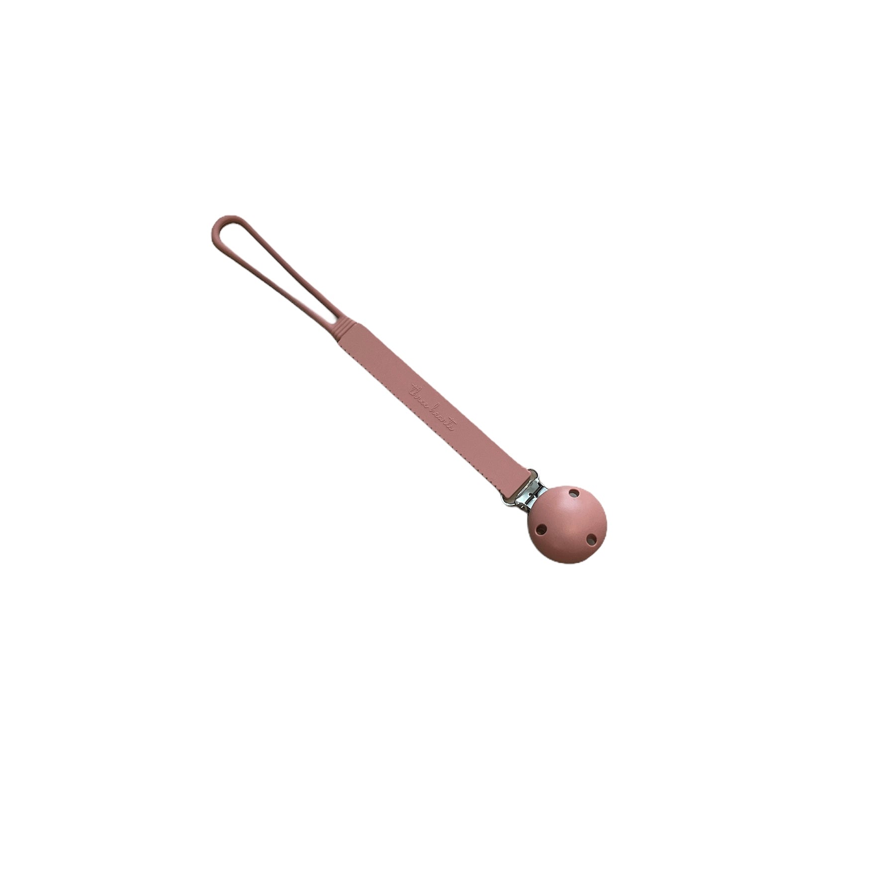 Pink pacifier clip on a white background