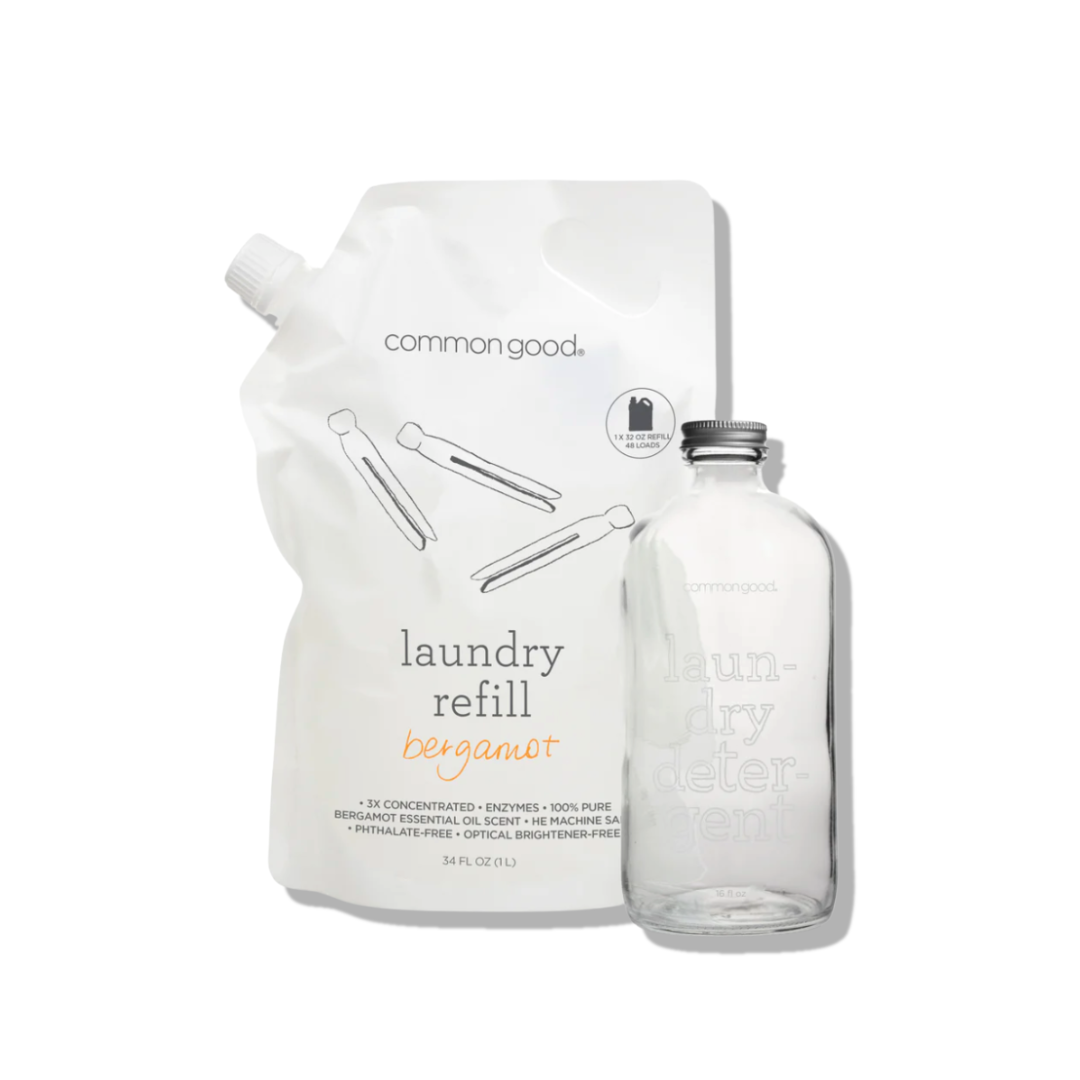 Common Good laundry detergent refill pouch and empty glass bottle included in the Laundry Starter & Stock-Up Bundle