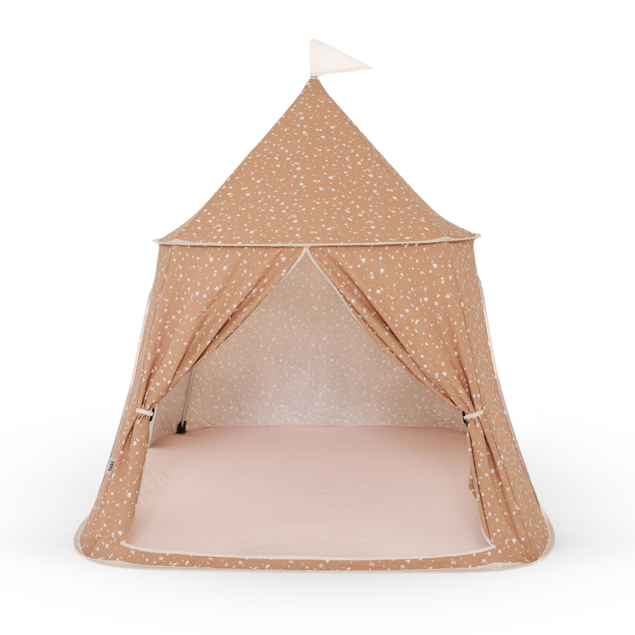 Beige children's play tent with a white flag on a white background