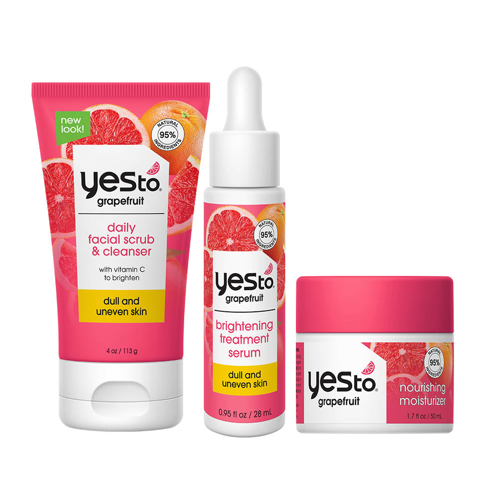 YesTo Grapefruit skincare products including scrub, serum, and moisturizer on a white background