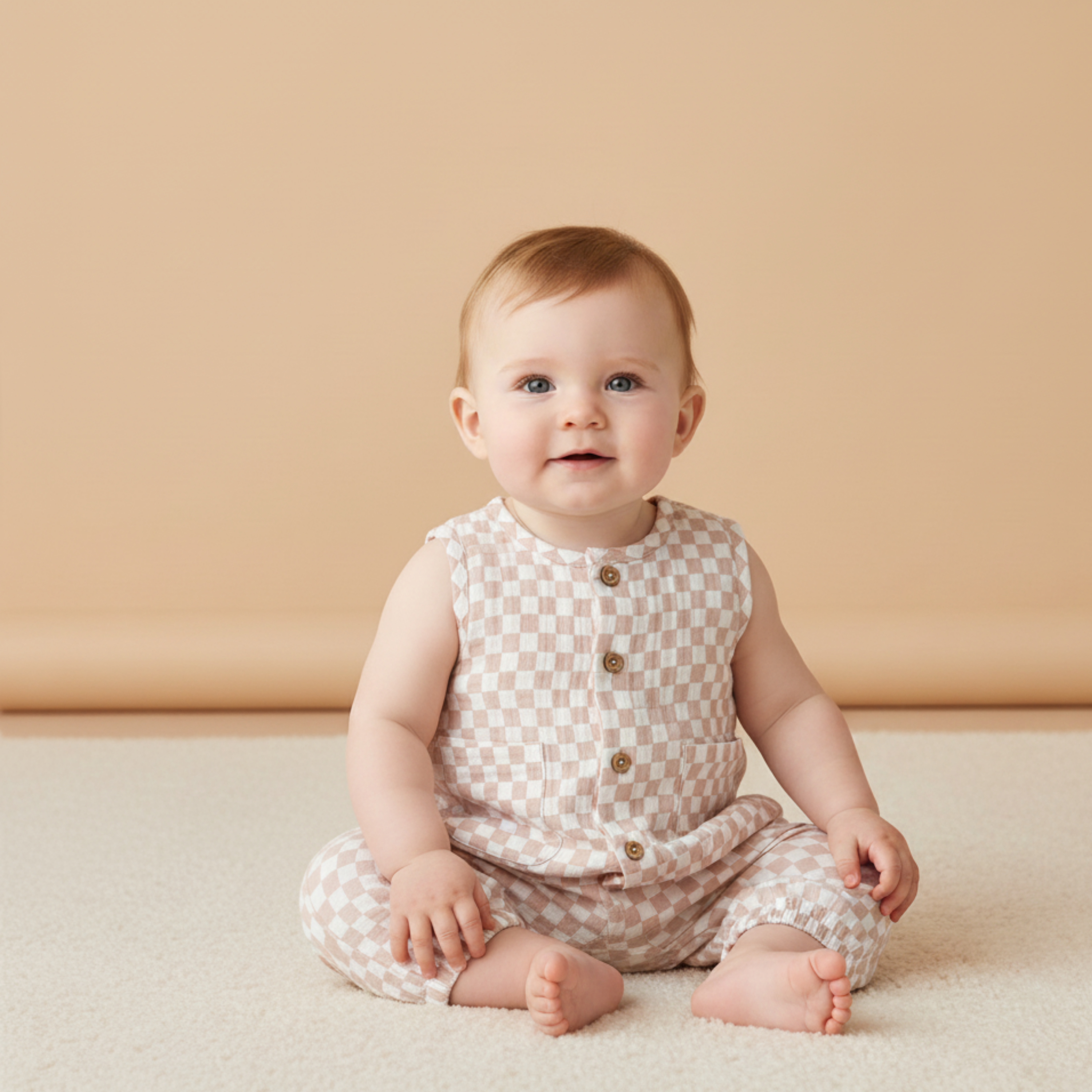 Makemake Organics - Organic Buttoned Jumpsuit - Brick Checks