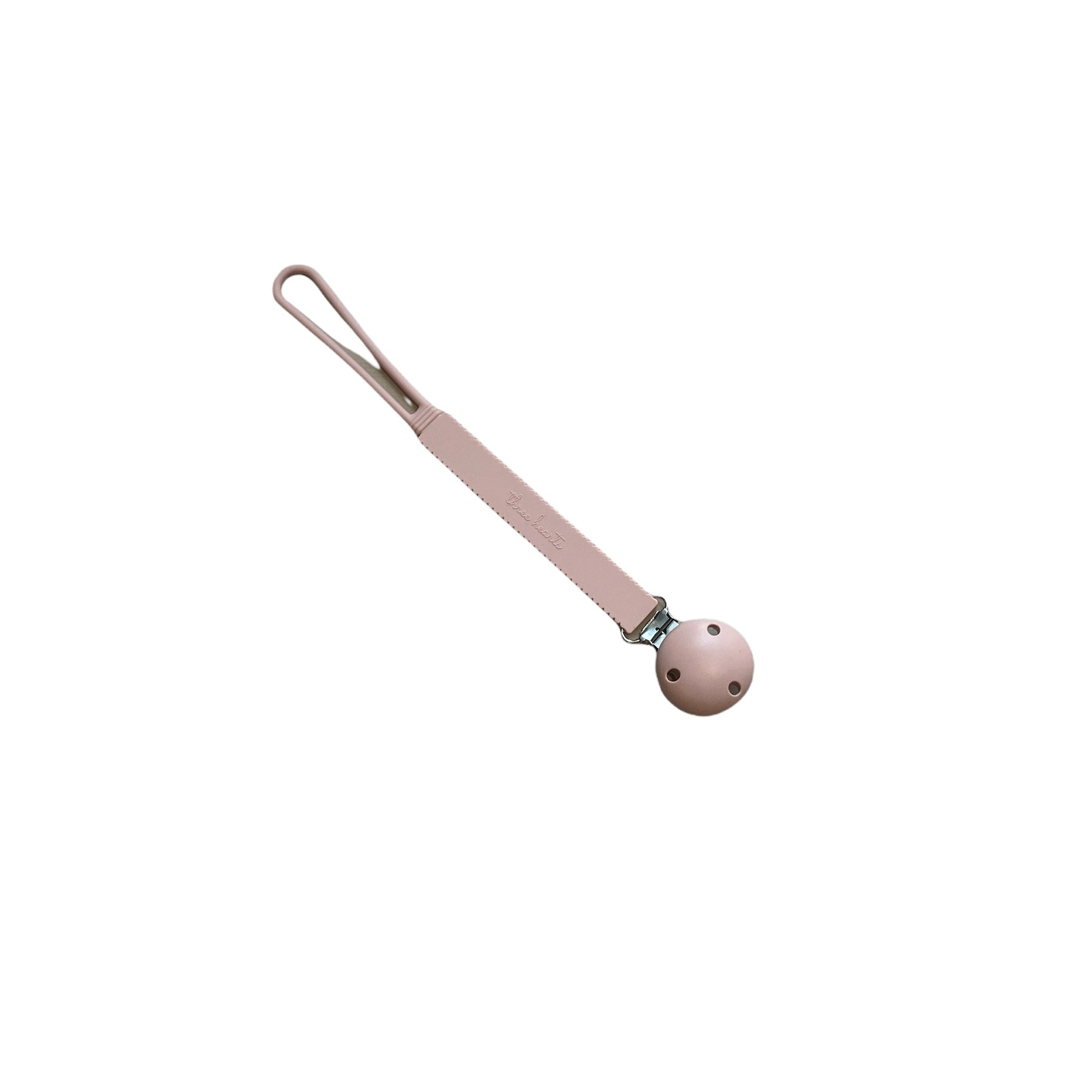 Pink pacifier clip on a white background