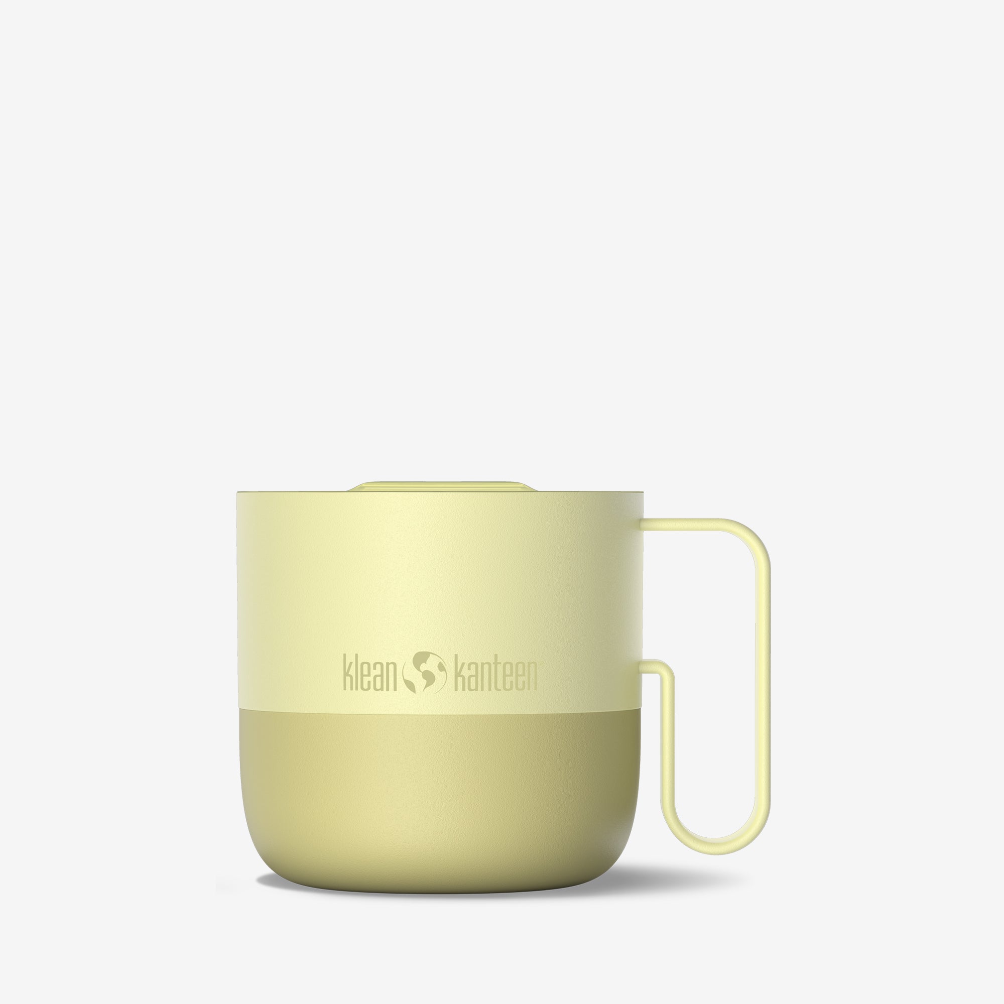 Yellow mug with handle on a white background, featuring Klean Kanteen logo.