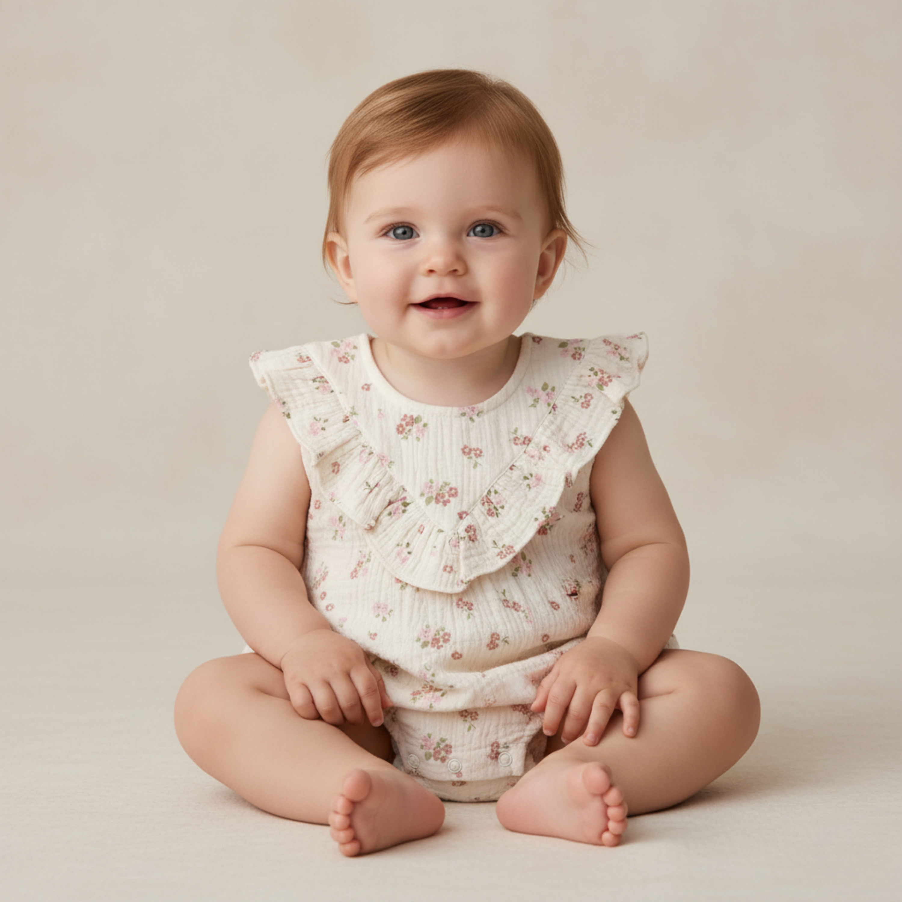 Makemake Organics - Organic Sleeveless Ruffle Bubble Romper - Blush Floral