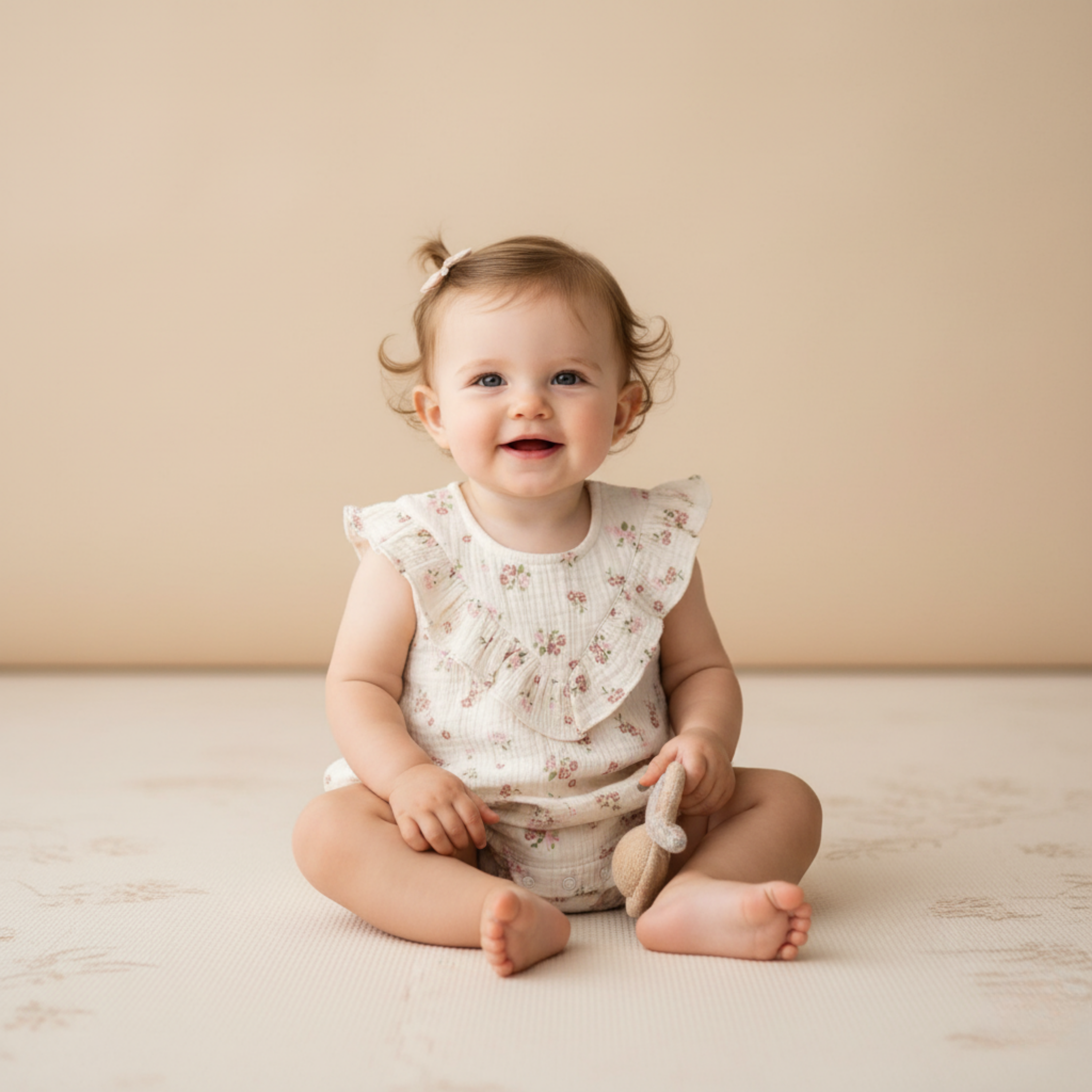 Makemake Organics - Organic Sleeveless Ruffle Bubble Romper - Blush Floral