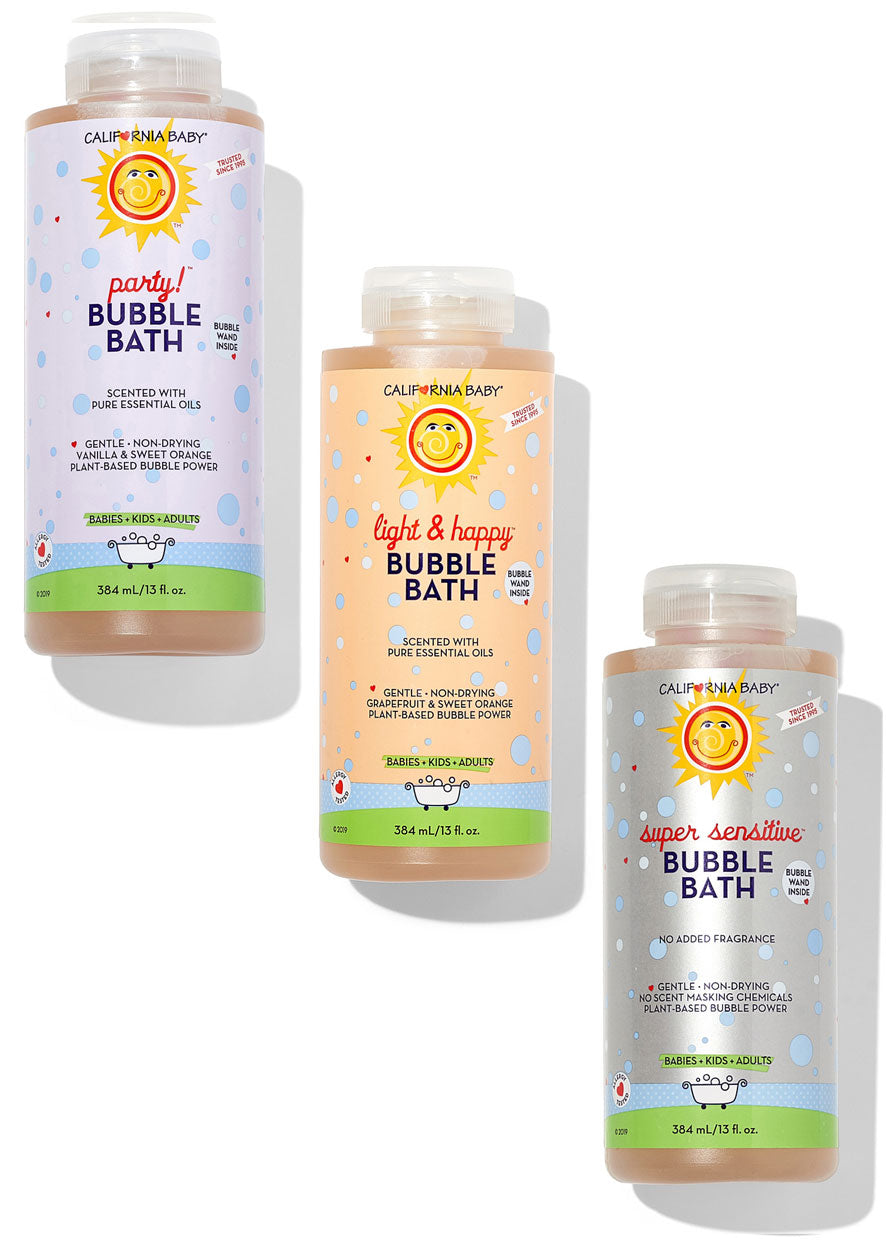 Three bottles of Calm & Cruel-free bubble bath on a white background