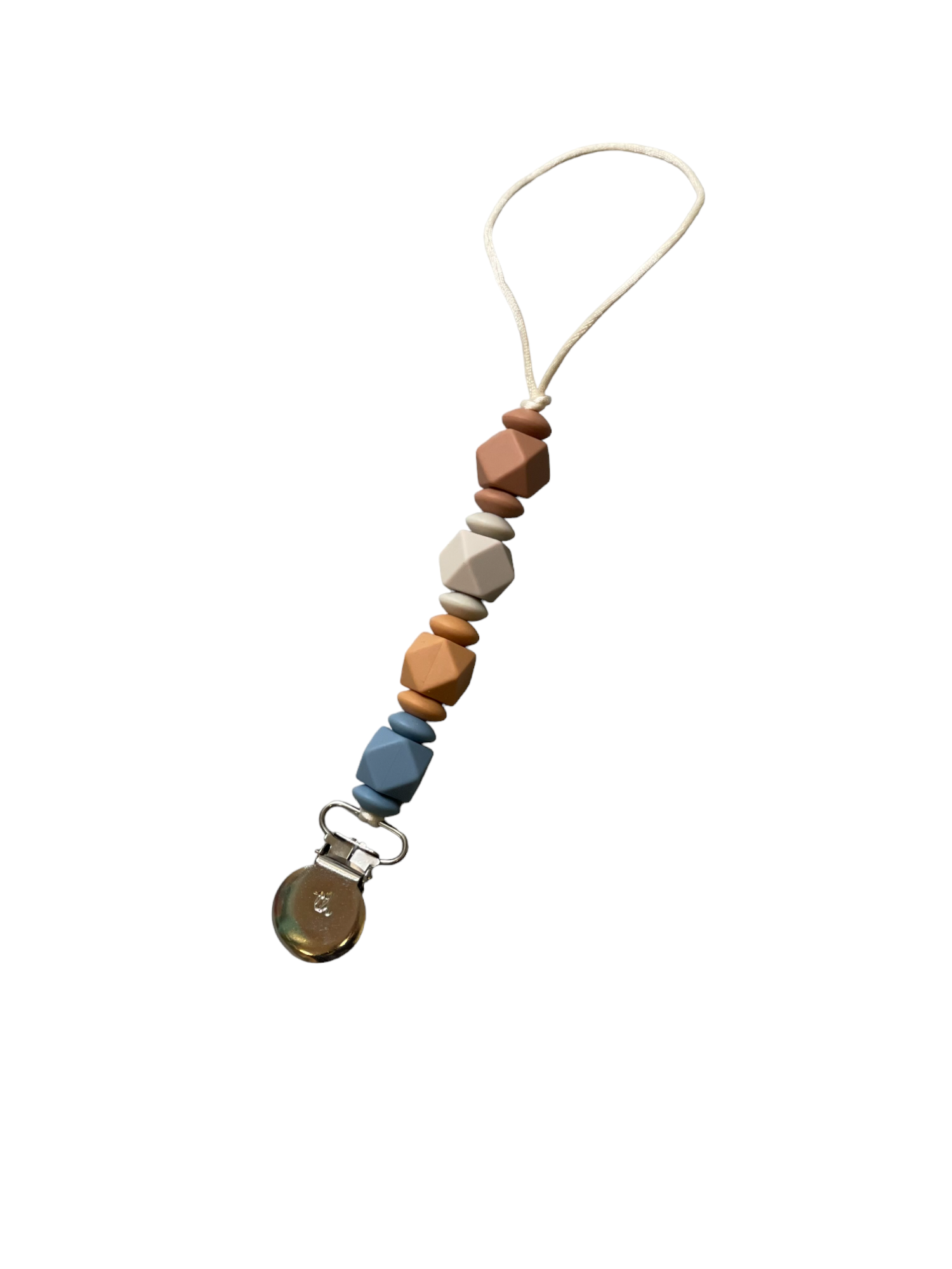 Colorful pacifier clip with wooden beads on a white background