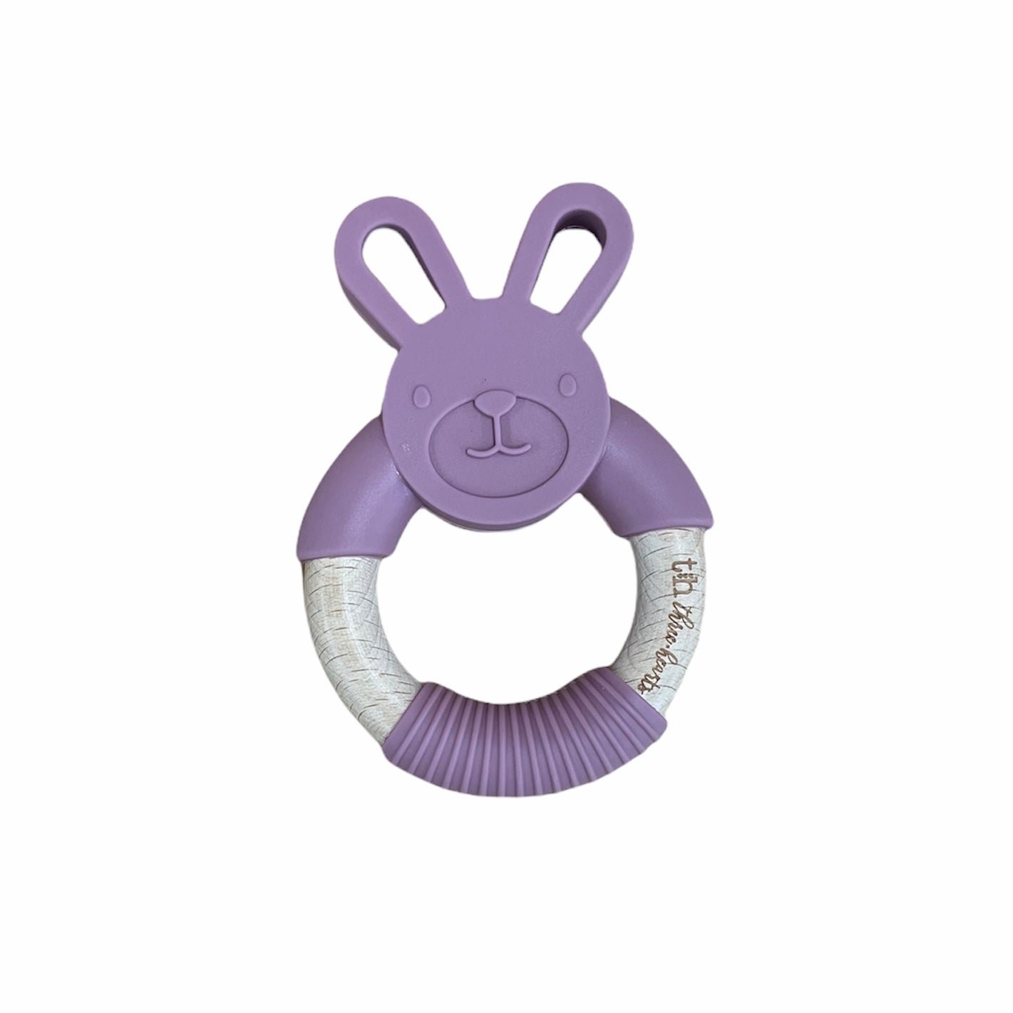 Purple bunny-shaped teething ring on a white background