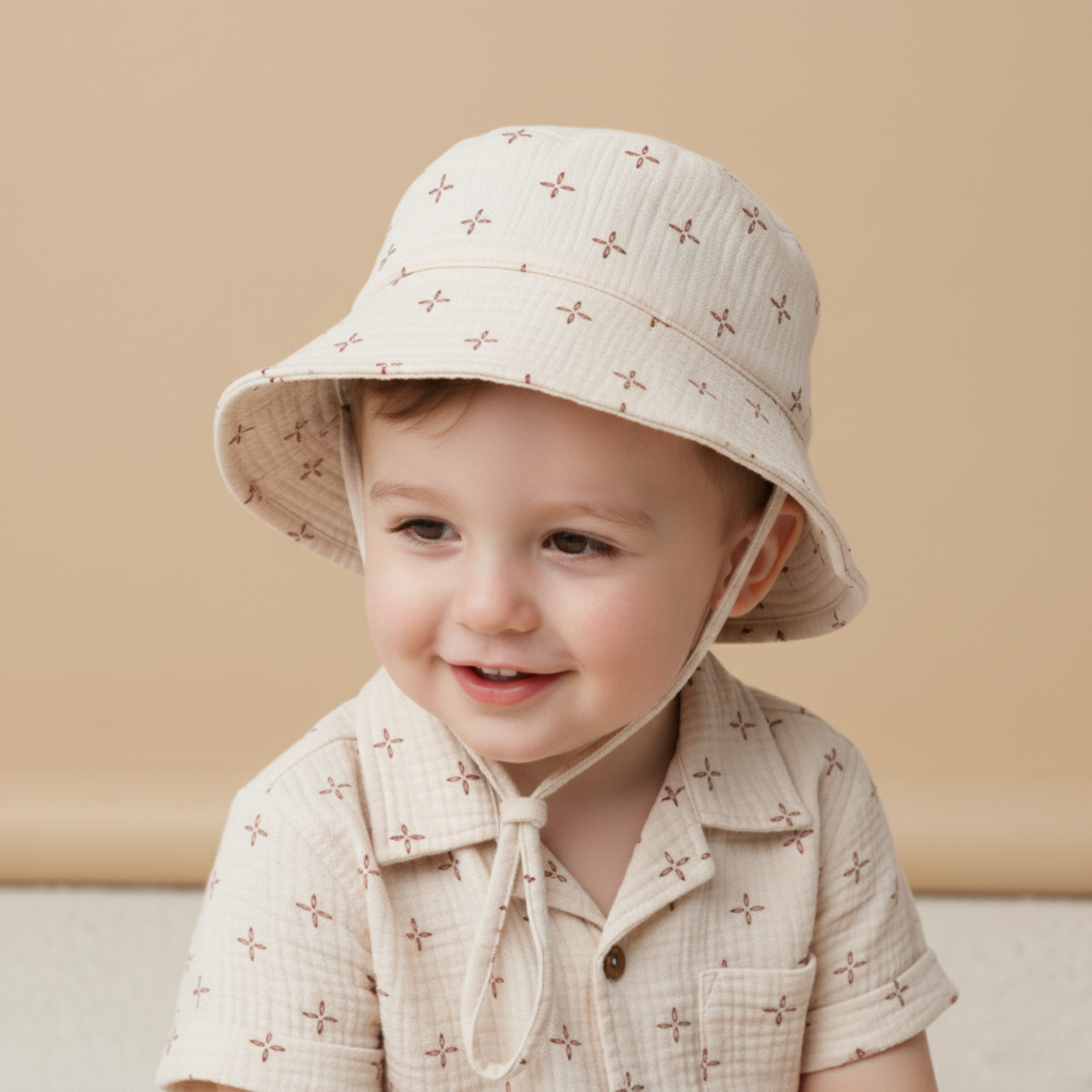 Child wearing a patterned sun hat and shirt against a beige background