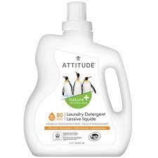 Attitude laundry detergent bottle with penguin graphics on a white background