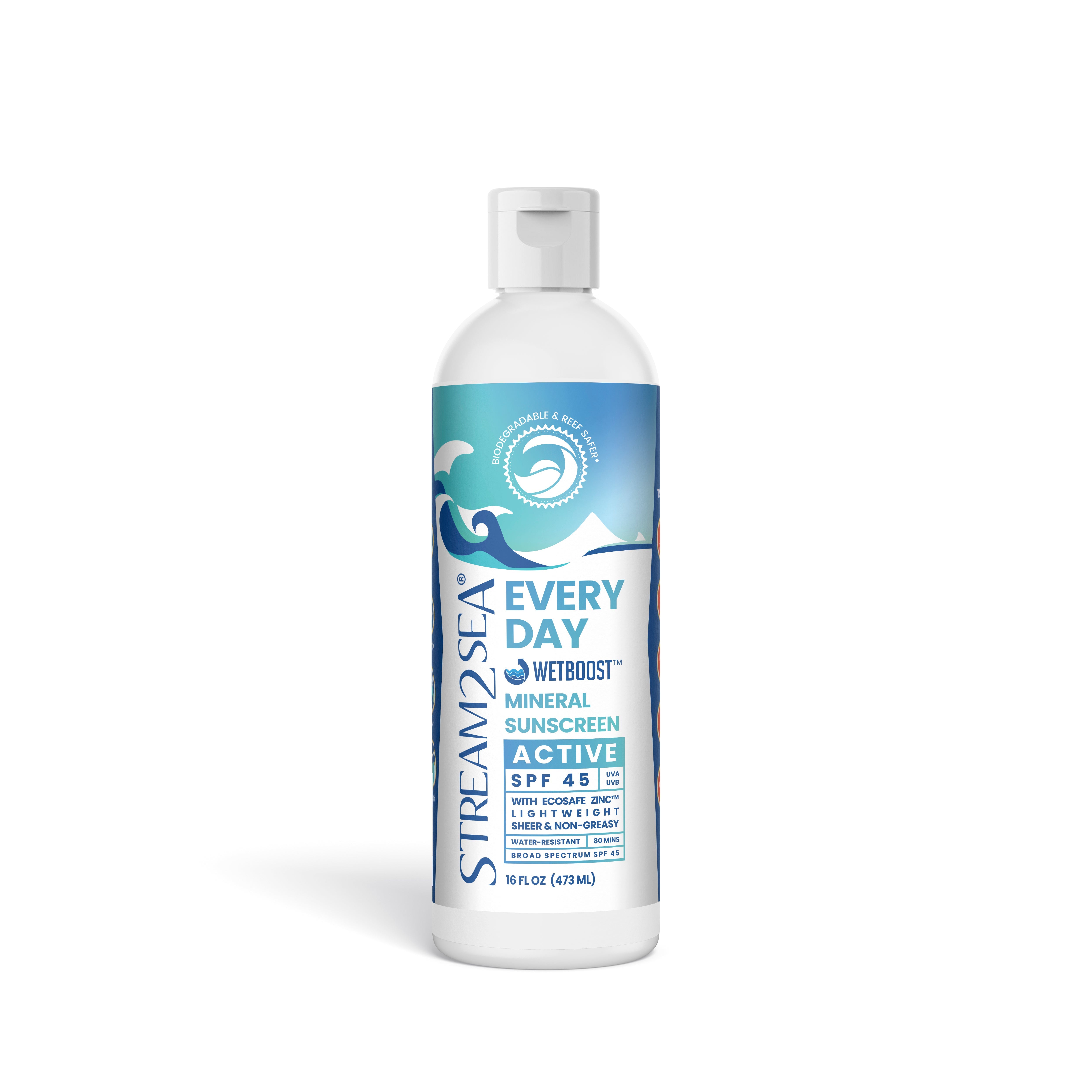 Bottle of Stream2Sea Every Day sunscreen on a white background