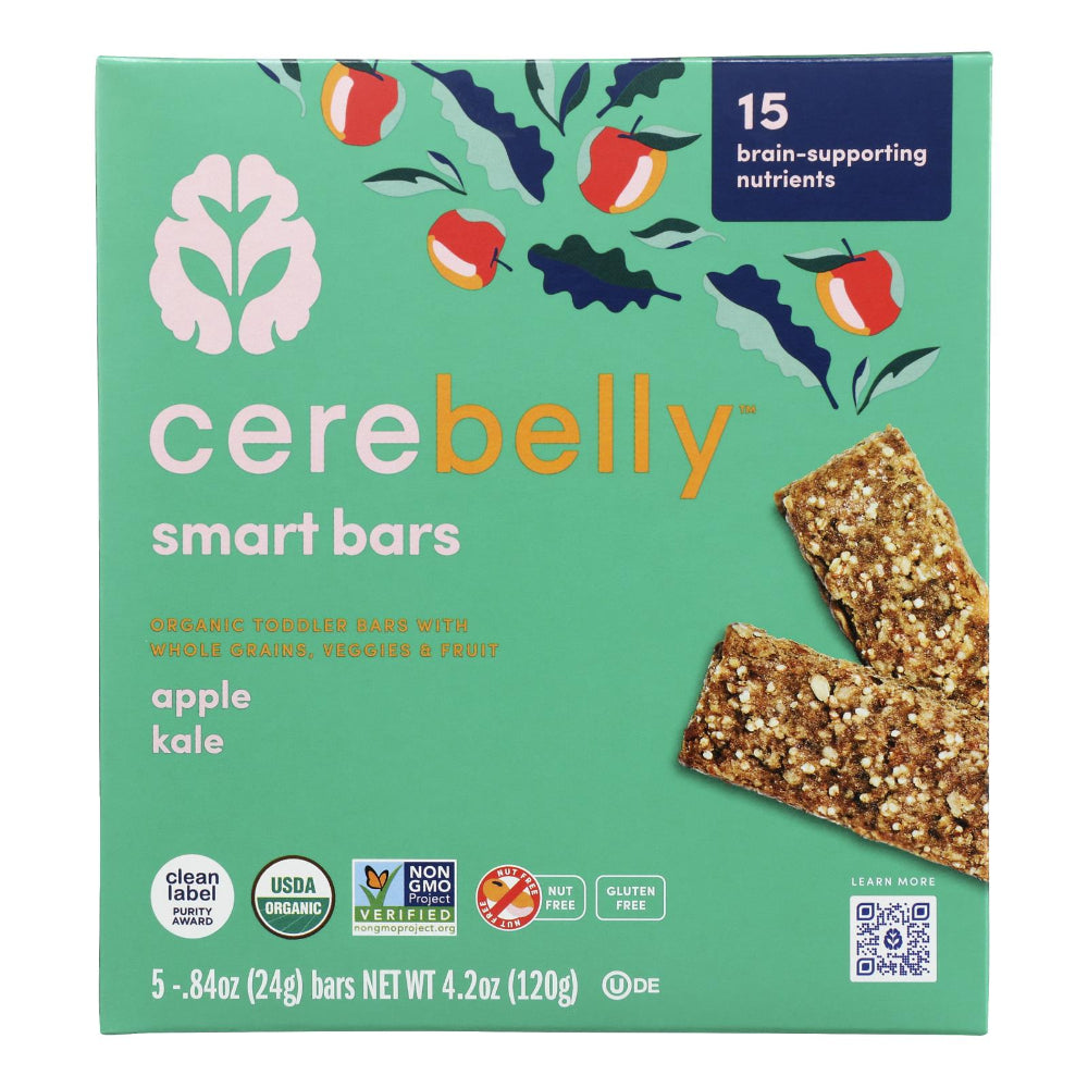 Cerebelly smart bars packaging with green background and apple and kale illustration