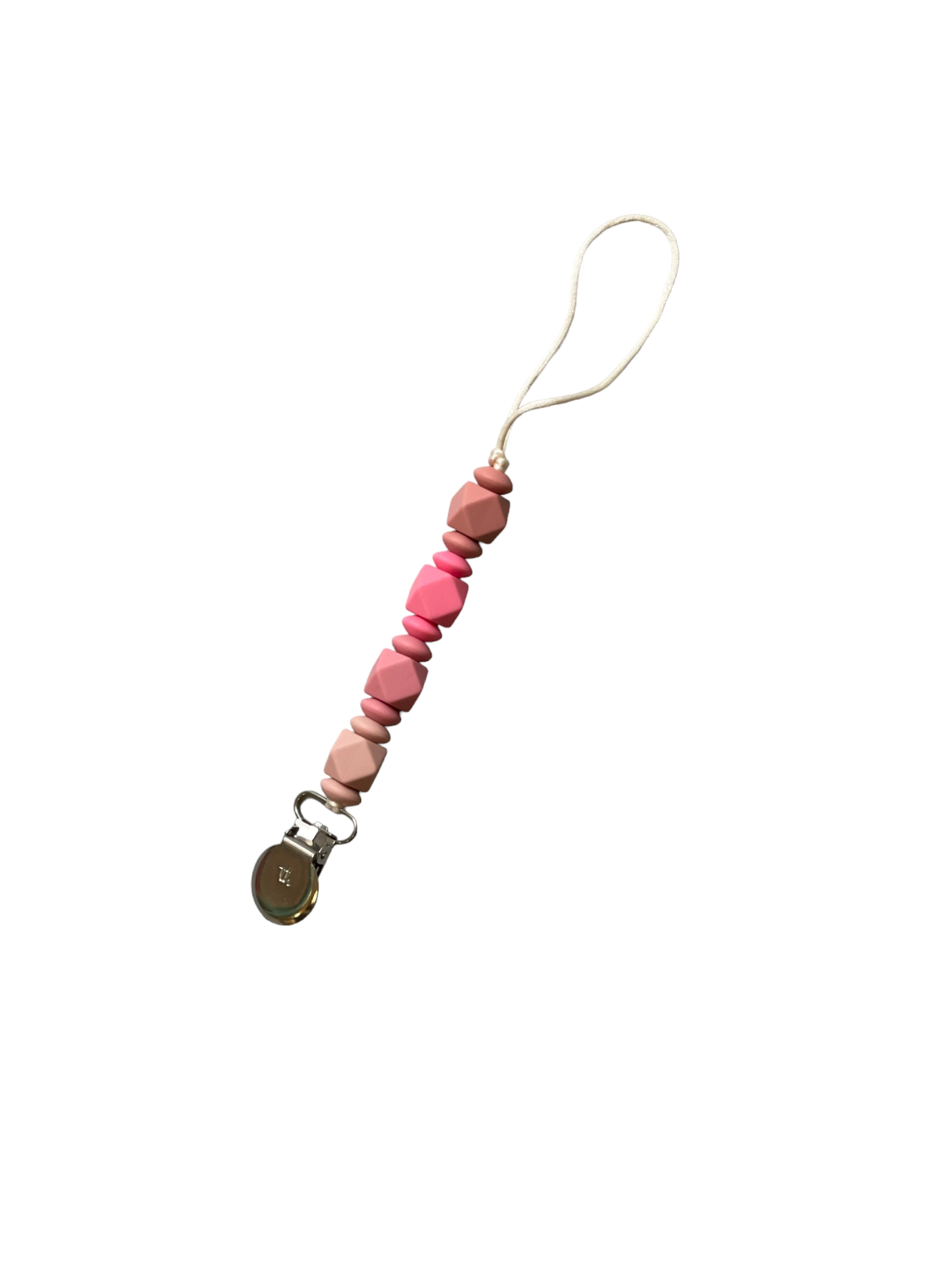 Pink beaded pacifier clip on a white background