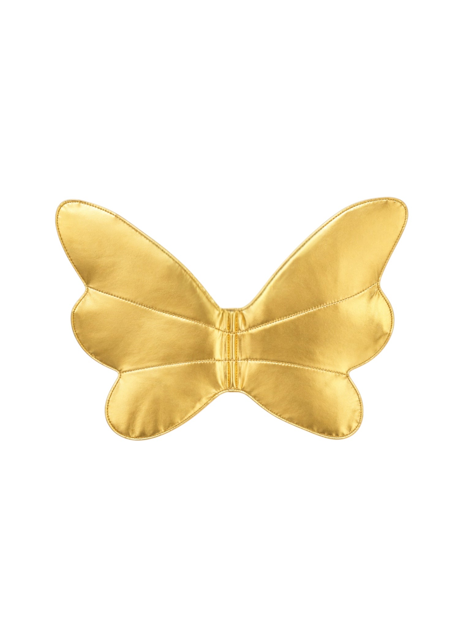 A pair of gold satin butterfly wings with a gathered center, displayed flat against a solid white background.