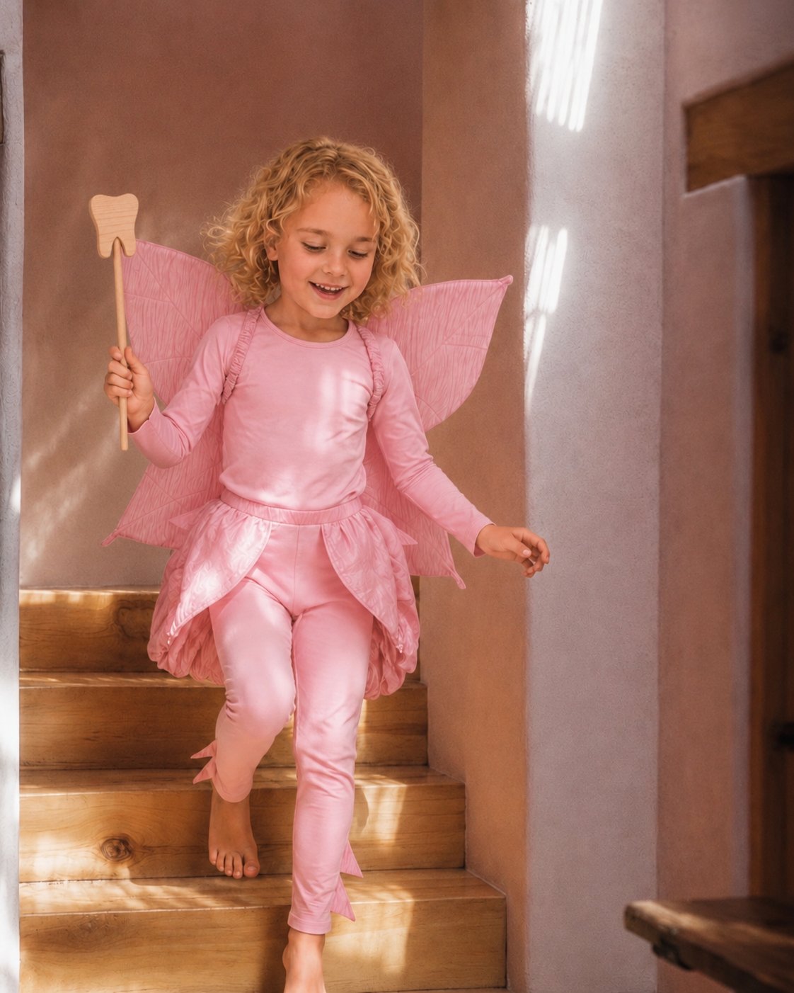 A young girl with curly blonde hair wearing a shiny pink fairy costume and holding a wooden tooth wand, walking down rustic wooden stairs in a warm, sunlit room.