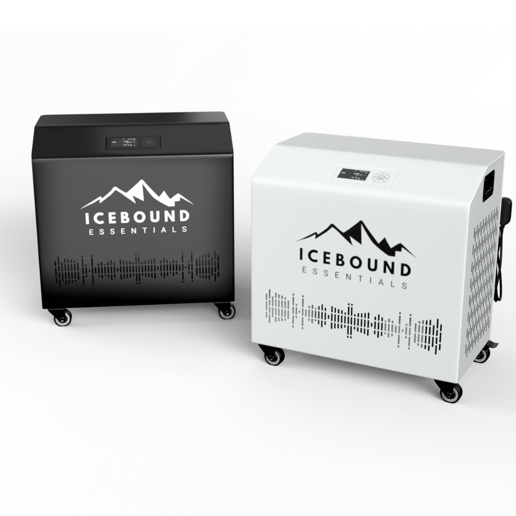 Two Icebound Essentials coolers, one black and one white, on a white background.