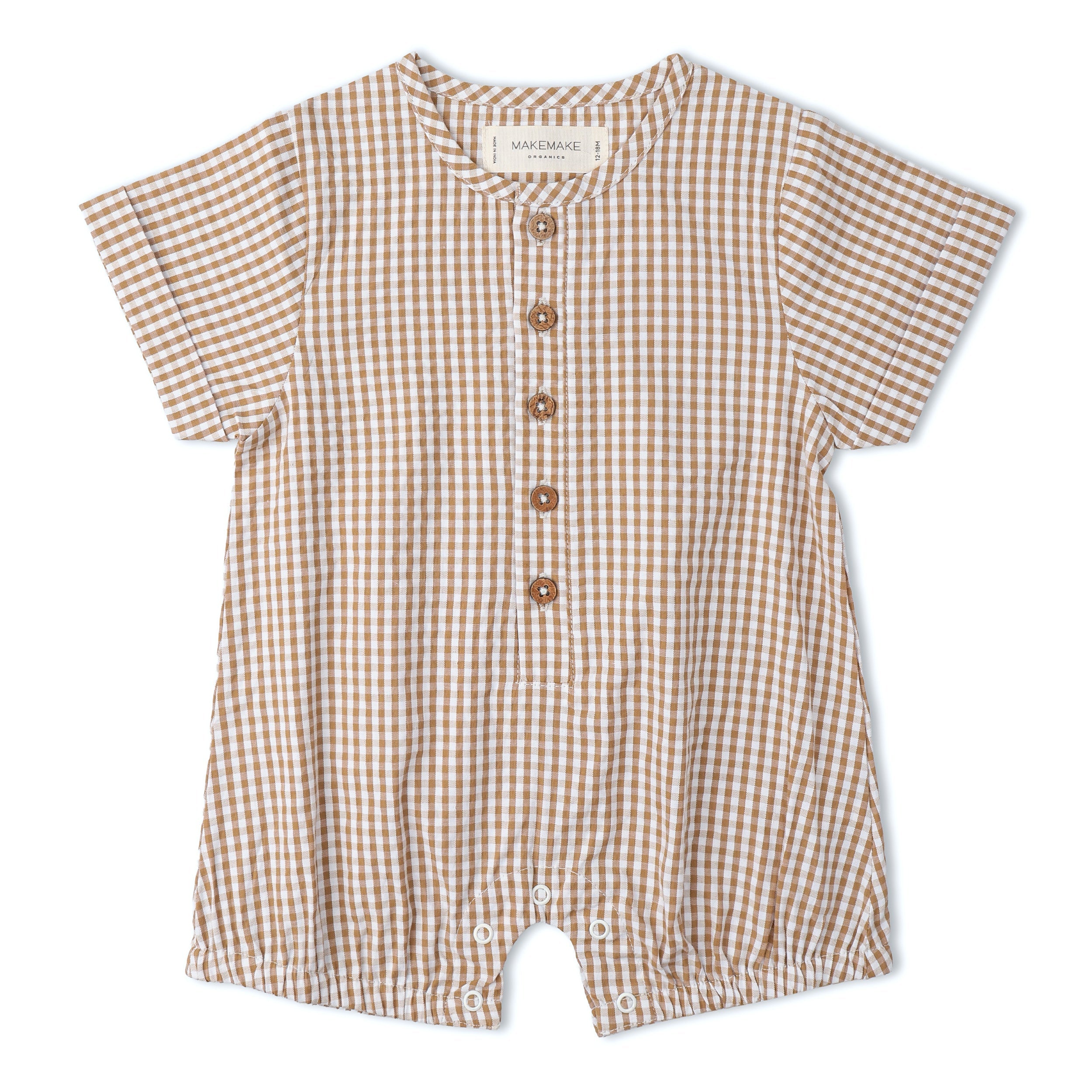Makemake Organics - Organic Short Bubble Romper - Caramel Check