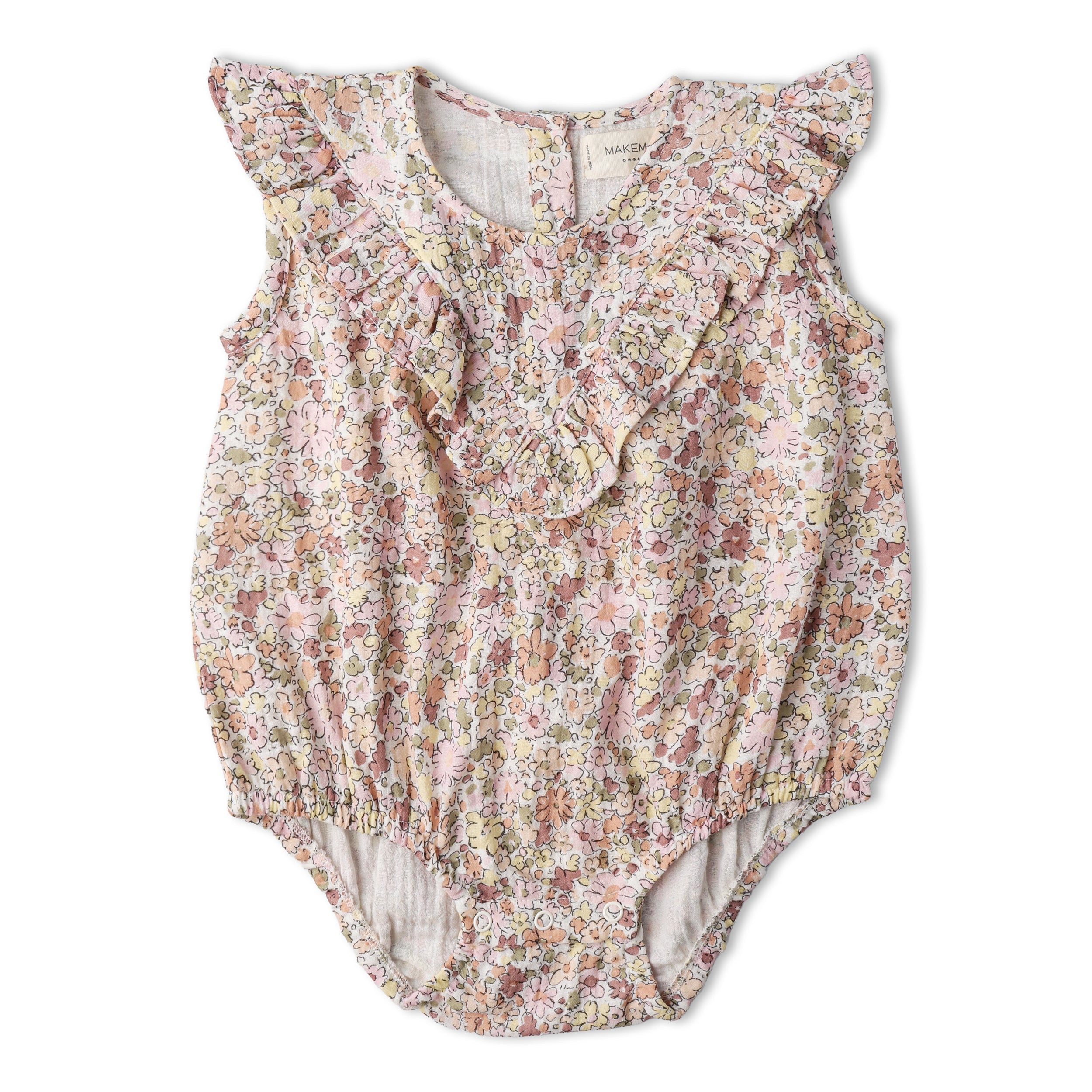 Makemake Organics - Organic Sleeveless Ruffle Bubble Romper - Pastel Bloom