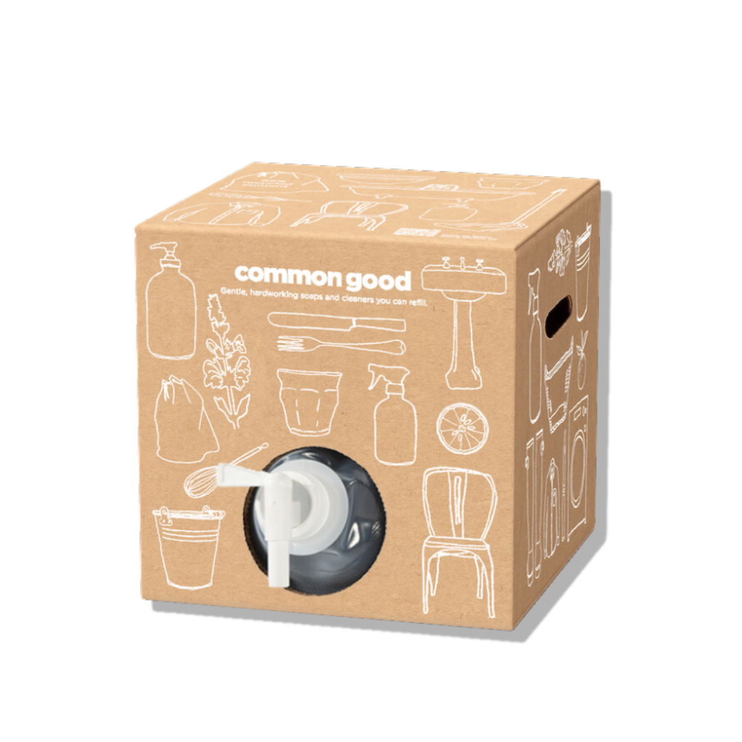 Cardboard box with 'common good' branding and illustrations of cleaning products on a white background