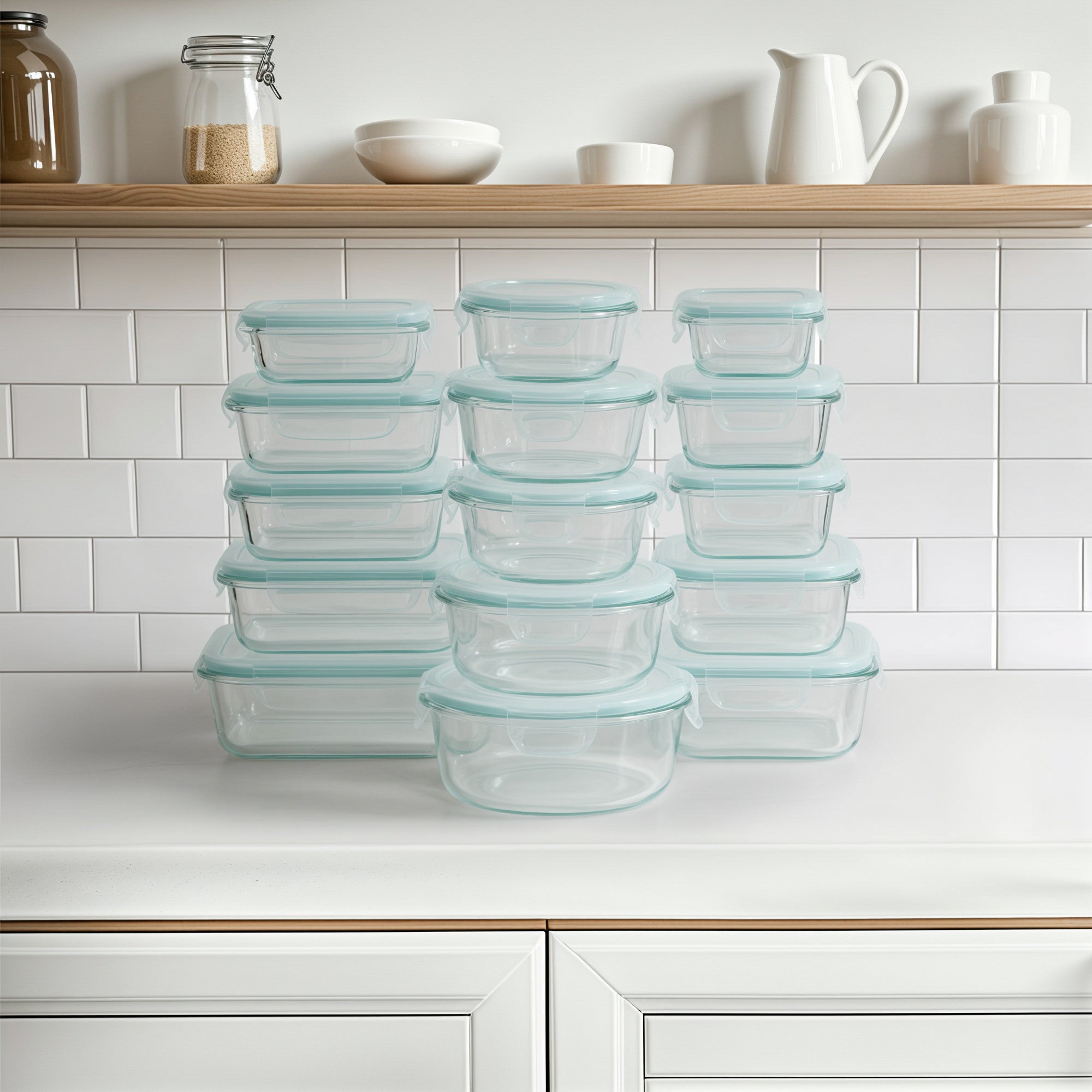 Set of glass food storage containers on a kitchen counter with a white tiled wall in the background.