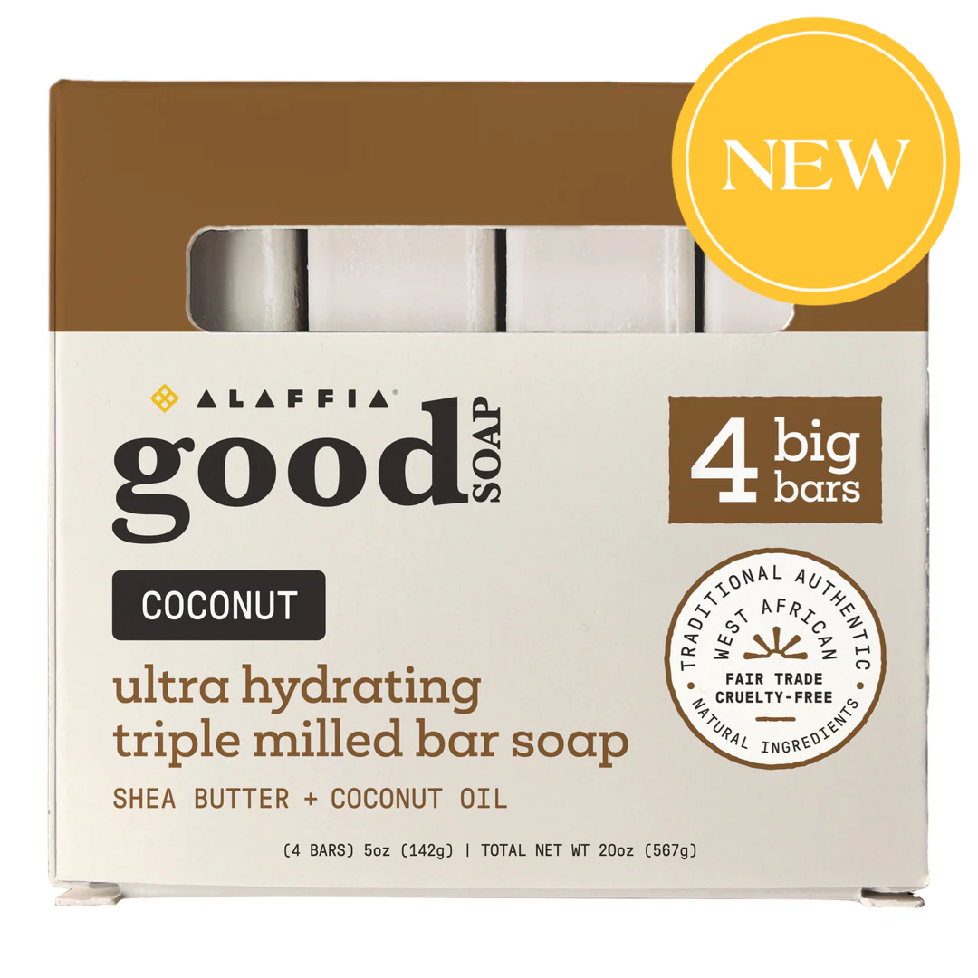 Alaffia coconut soap bar packaging with 'NEW' label on a white background