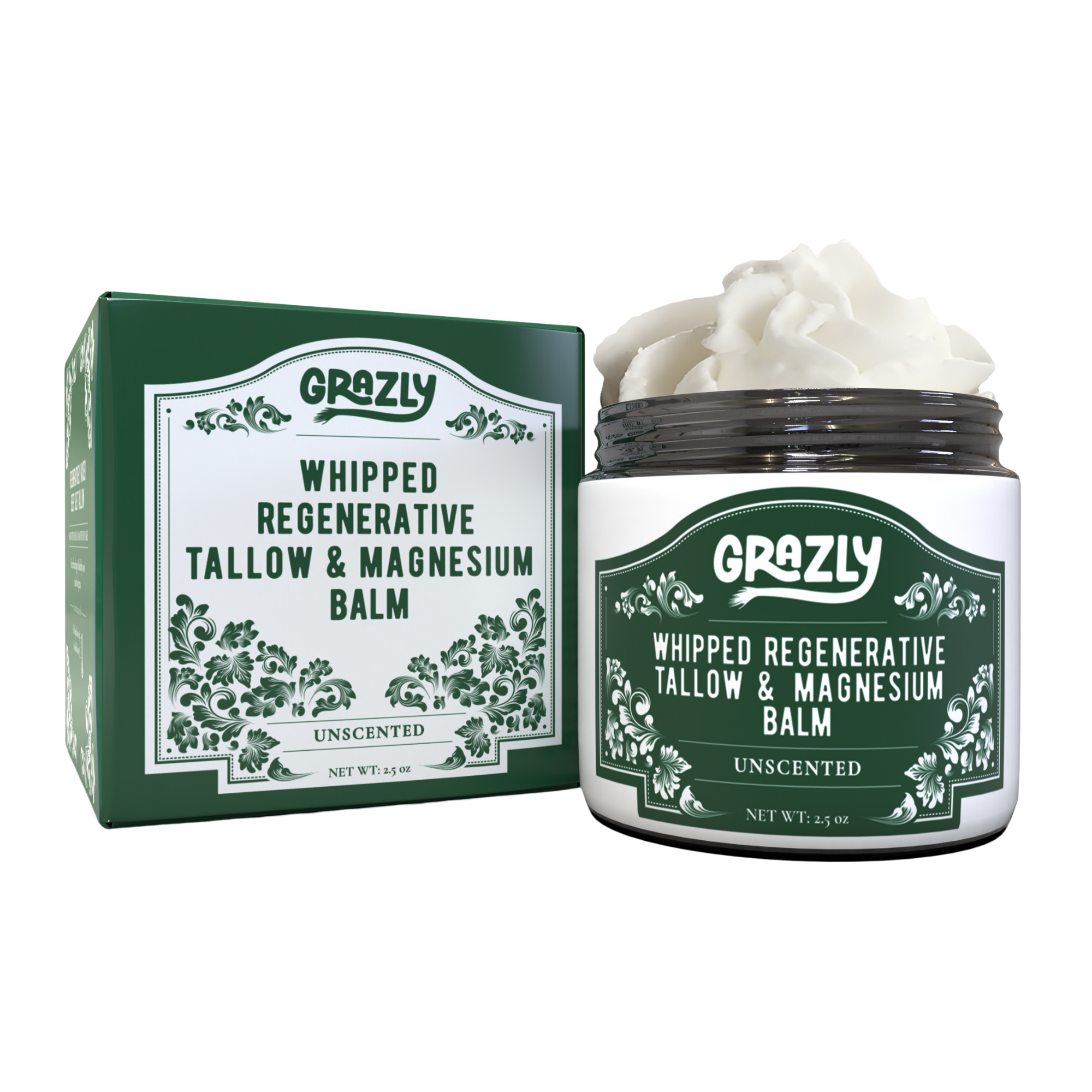 Grazly whipped regenerative tallow & magnesium balm with packaging on a white background