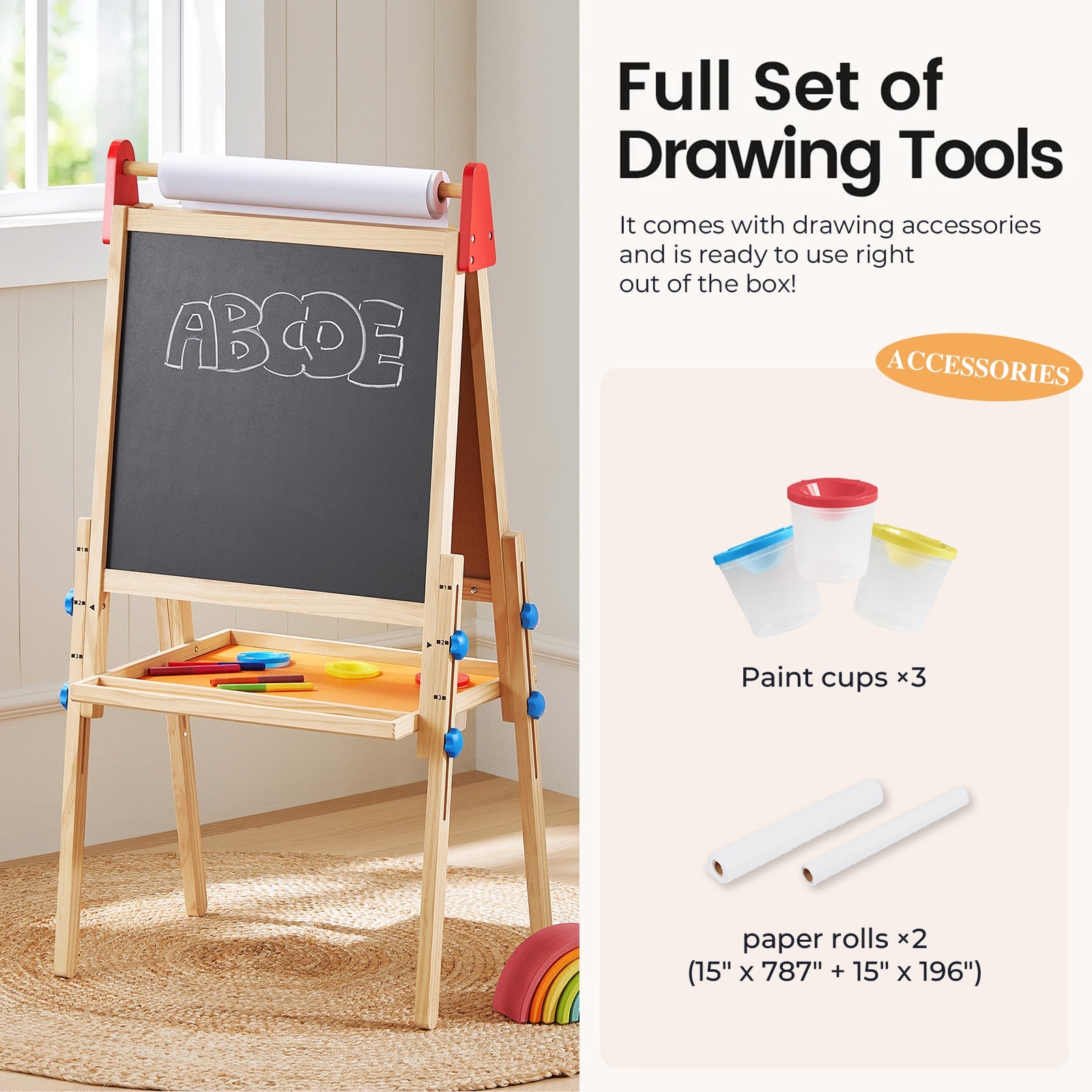 Wooden drawing easel with chalkboard surface, paint cups, and paper rolls in a home setting.