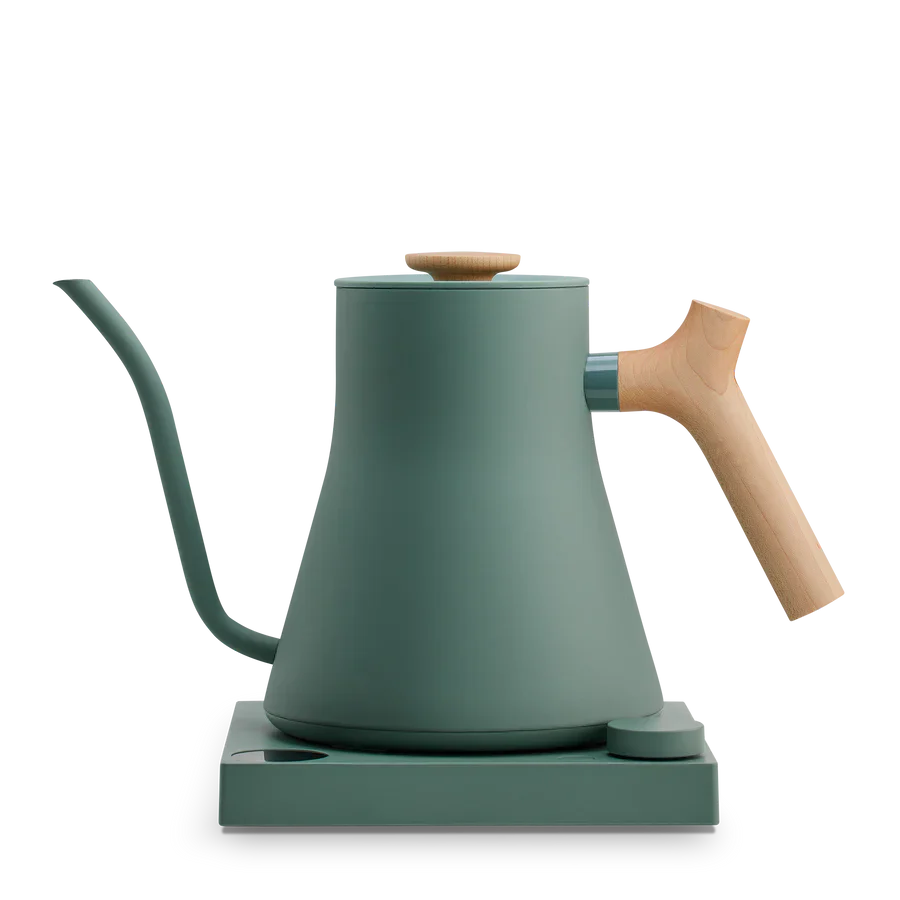 Green electric kettle with wooden handle on a white background