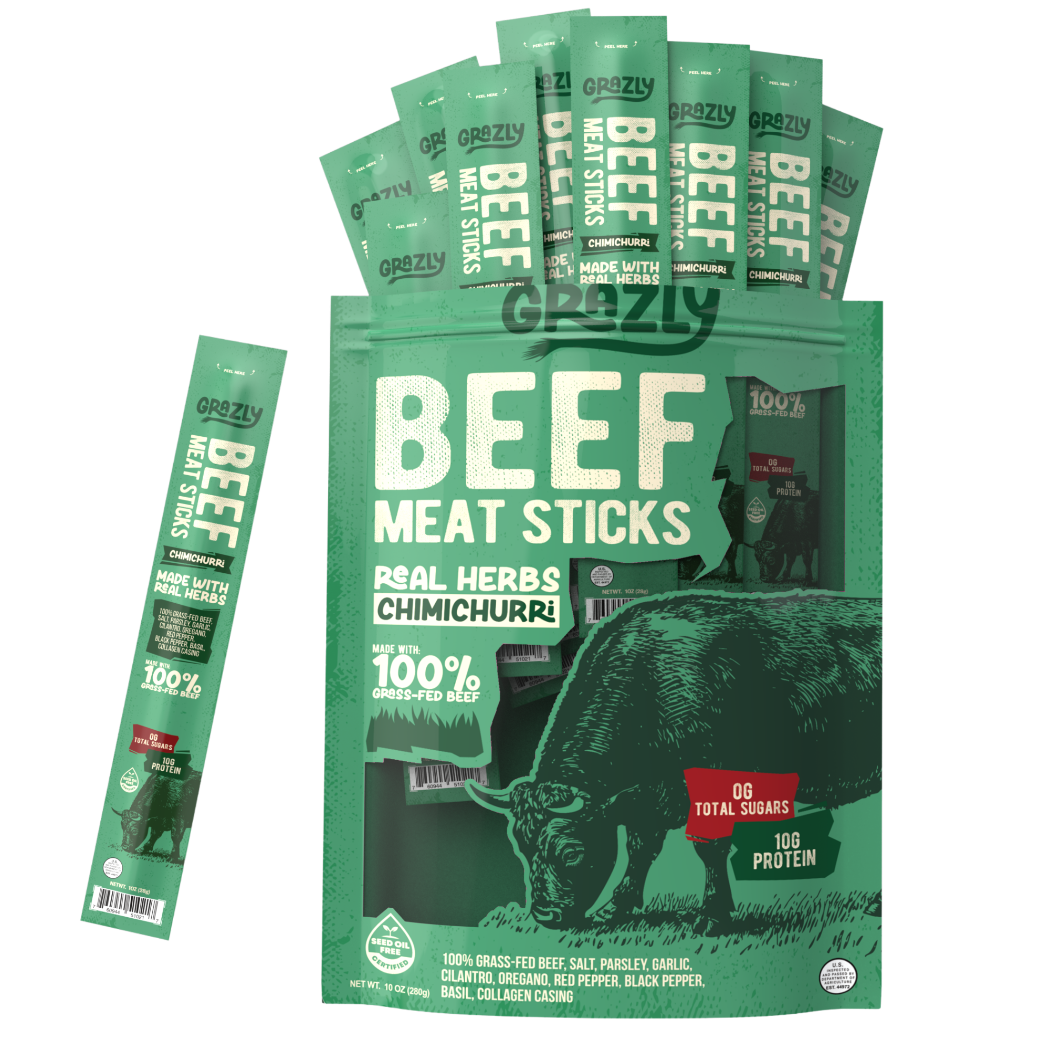 Green packaging of beef meat sticks with multiple sticks displayed in front
