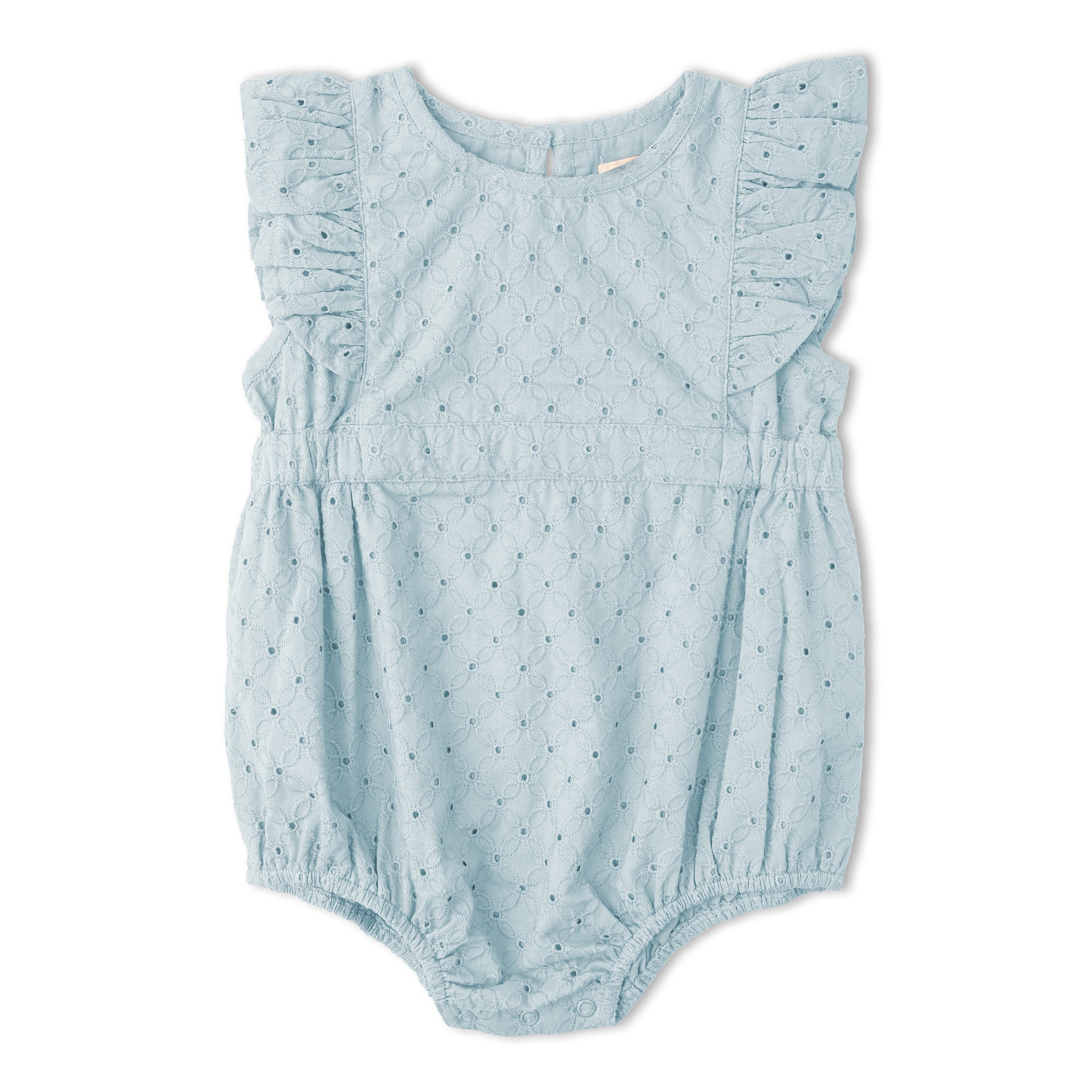 Makemake Organics - Organic Eyelet Flutter Romper - Light Blue Eyelet
