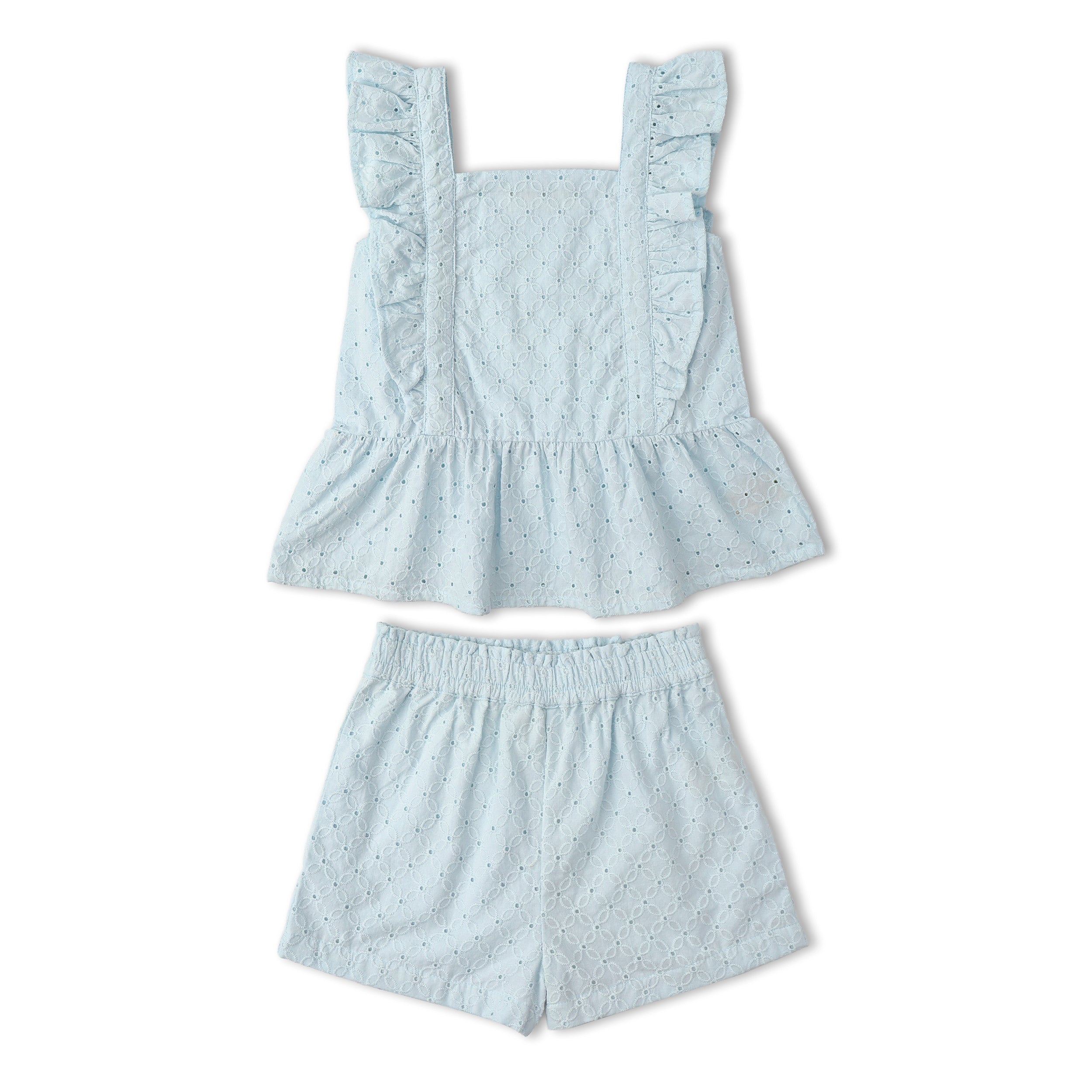 Makemake Organics - Organic Eyelet Flutter Top And Shorts Set - Light Blue Eyelet
