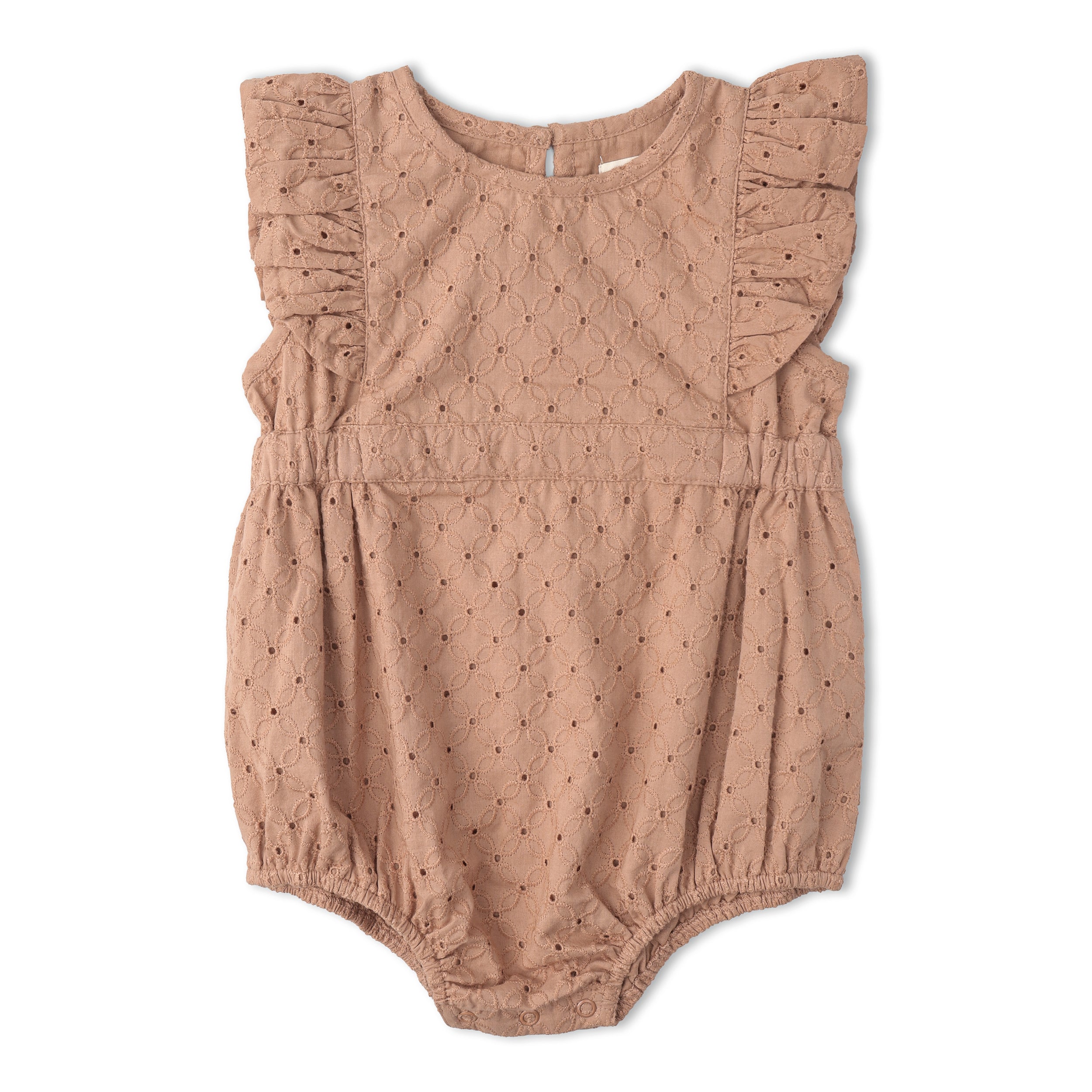 Makemake Organics - Organic Eyelet Flutter Romper - Clay Eyelet